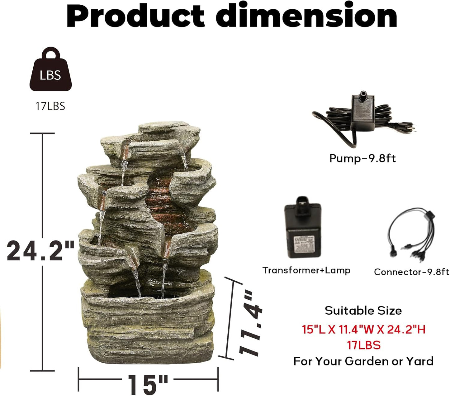24.2" H Rock Cascading Water Fountain Outdoor&Indoor, 6-Tier Garden Naturefalls Fountains, Floor-Standing Waterfall with Lights for Patio, Backyard, Deck, Porch, Home DéCor, Stone Gray