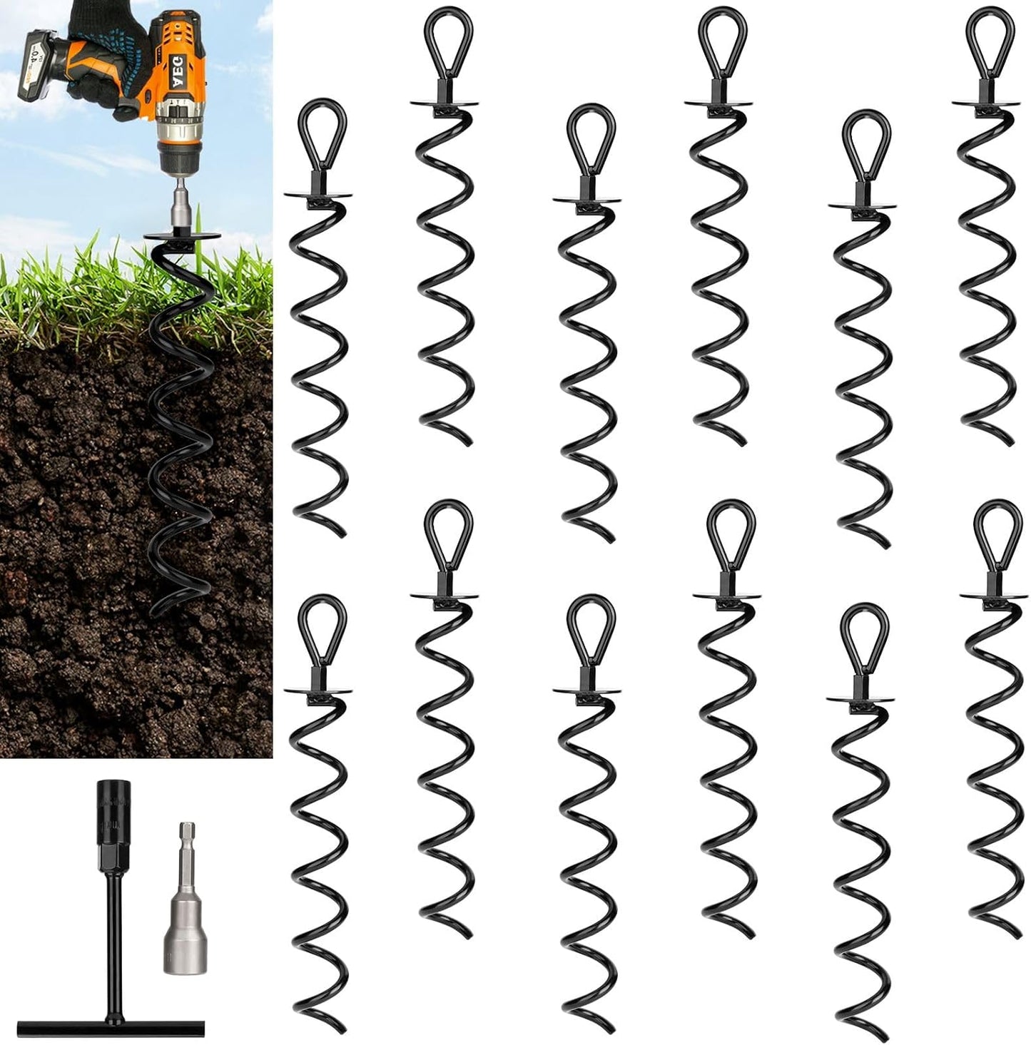 12 PCS 15.3 Inch Ground Anchors Heavy Duty for High Winds Screw in Earth Anchor Swing Set Spiral Auger Stakes for Tent Trampoline Tree Garden Fence Sheds Swingset, Easy Use with Drill