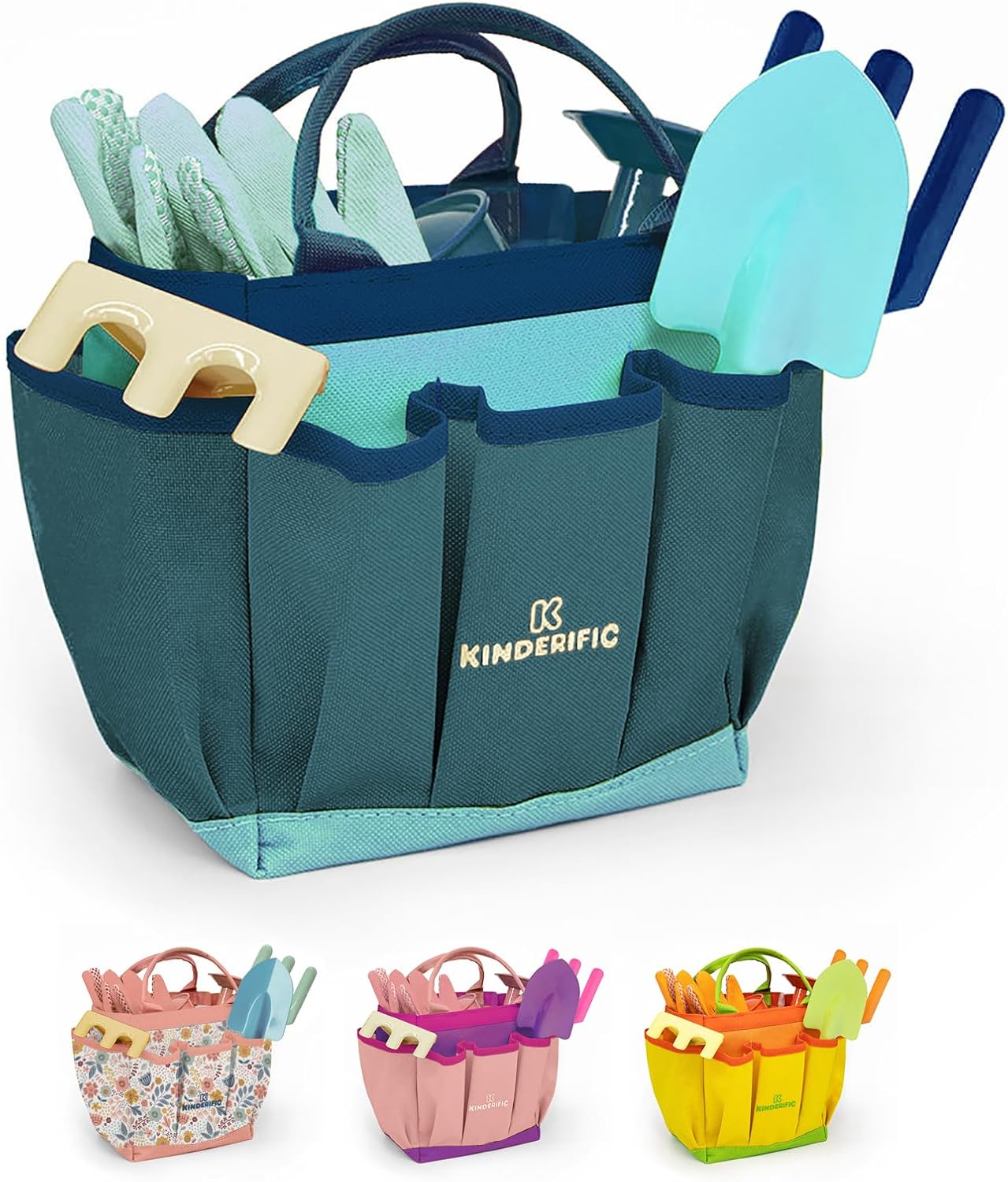Gardening Set, Tool Kit, for Kids, STEM, Includes Tote Bag, Spade, Watering Can, Rake, Fork, Trowel and Gloves (Ocean Blue)