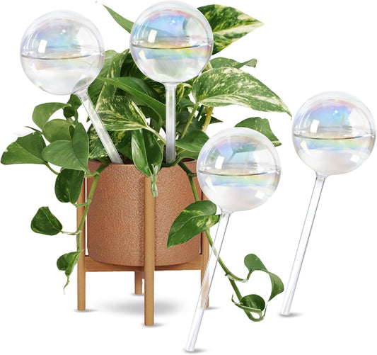 13oz Self Watering Globes (4 Pack),Large Glass Plant Water Bulbs for Vacation, Automatic Drip Irrigation,Iridescent Rainbow Watering Stakes for Indoor & Outdoor Plants (Up to 2 Weeks Hydration)
