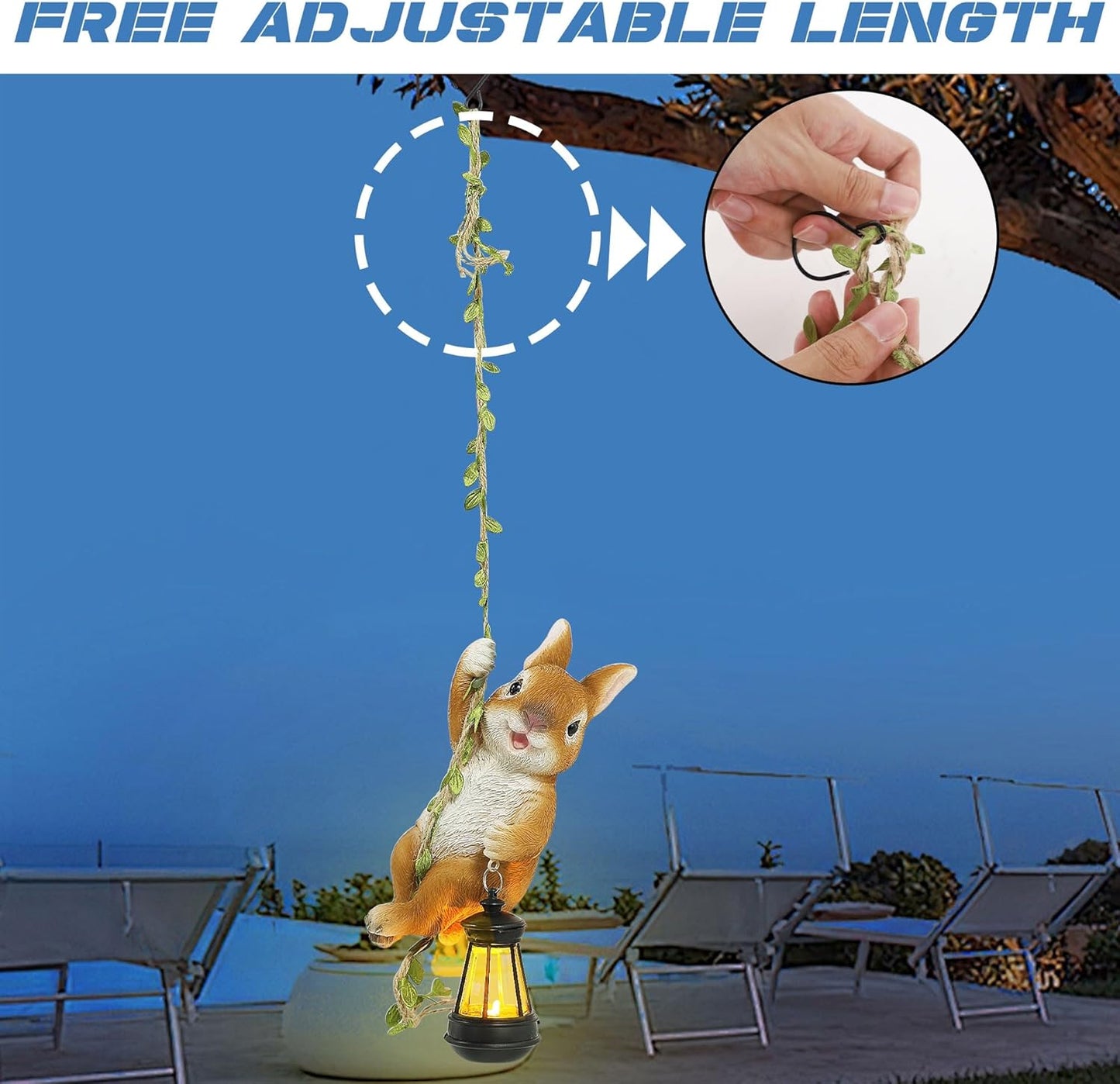 Joliyoou Solar Light Outdoor Statues, 6.9" H Resin Rabbit Climbing On A 23.6" L Vine with LED Lantern, Waterproof Hanging Bunny Figurine with Hook for Easter Yard Garden Wall Balcony Tree Decoration