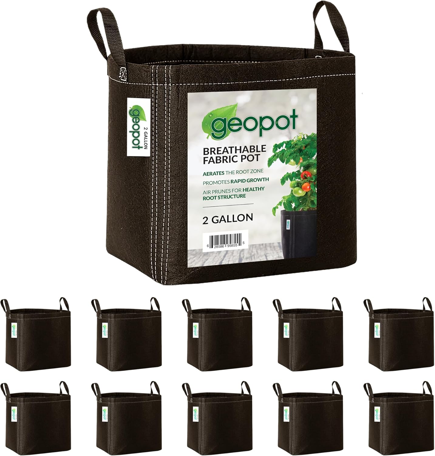 2 Gallon Fabric Grow Bags with Handles for Vegetables, Houseplants, Herbs & Flowers | 10-Pack | Fabric Pots for Outdoors and Indoors, Aerated Fabric Grow Bags