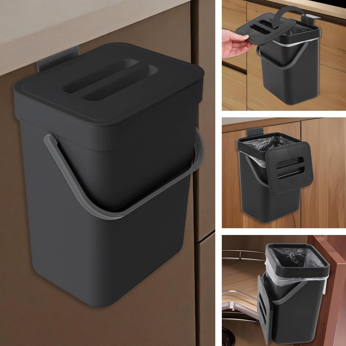 Compost Bin Kitchen, for use on Countertops or Under Sinks, Hanging Trash Can with Lid, for Cupboard/Bathroom/Bedroom/Office/Camping, Mountable Indoor Compost Bucket(Black 0.8 Gallon/3L)