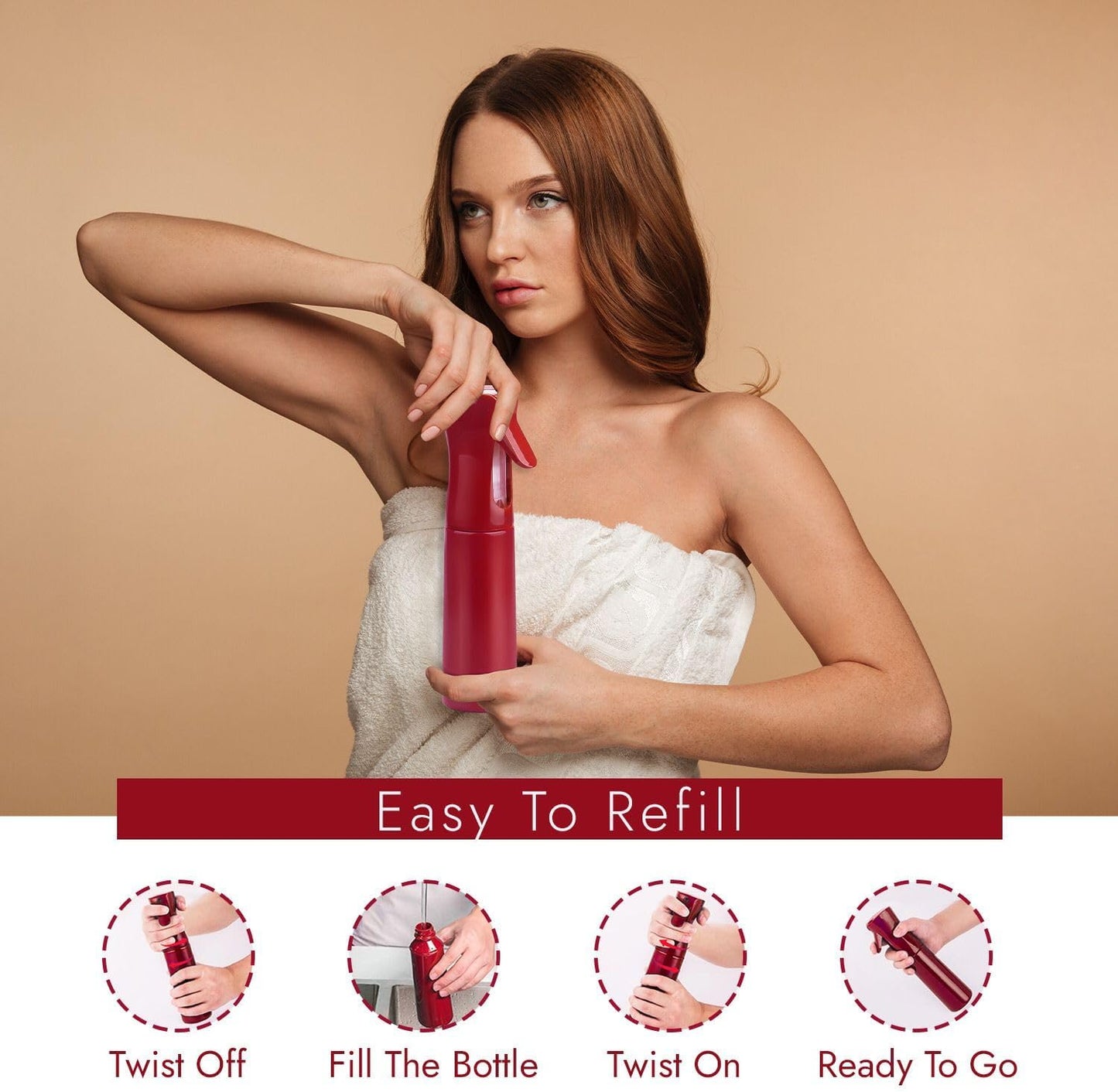 VIGOR PATH Continuous Spray Bottle with Ultra Fine Mist - Versatile Water Sprayer for Hair, Home Cleaning, Salons, Plants, Aromatherapy, and More - Empty Hair Spray Bottle - 300ml/10.1oz (Red)