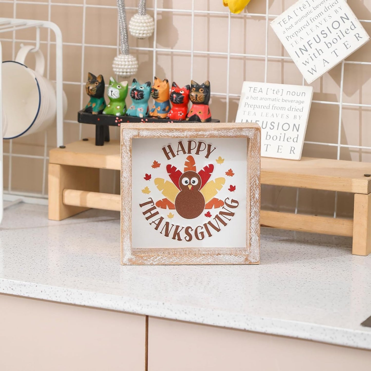 Embossed Happy Thanksgiving Sign, Thanksgiving Decorations for Table Cubicle Desk Mantel Fireplace, Vintage Autumn Decor Indoor Wooden Turkey Sign