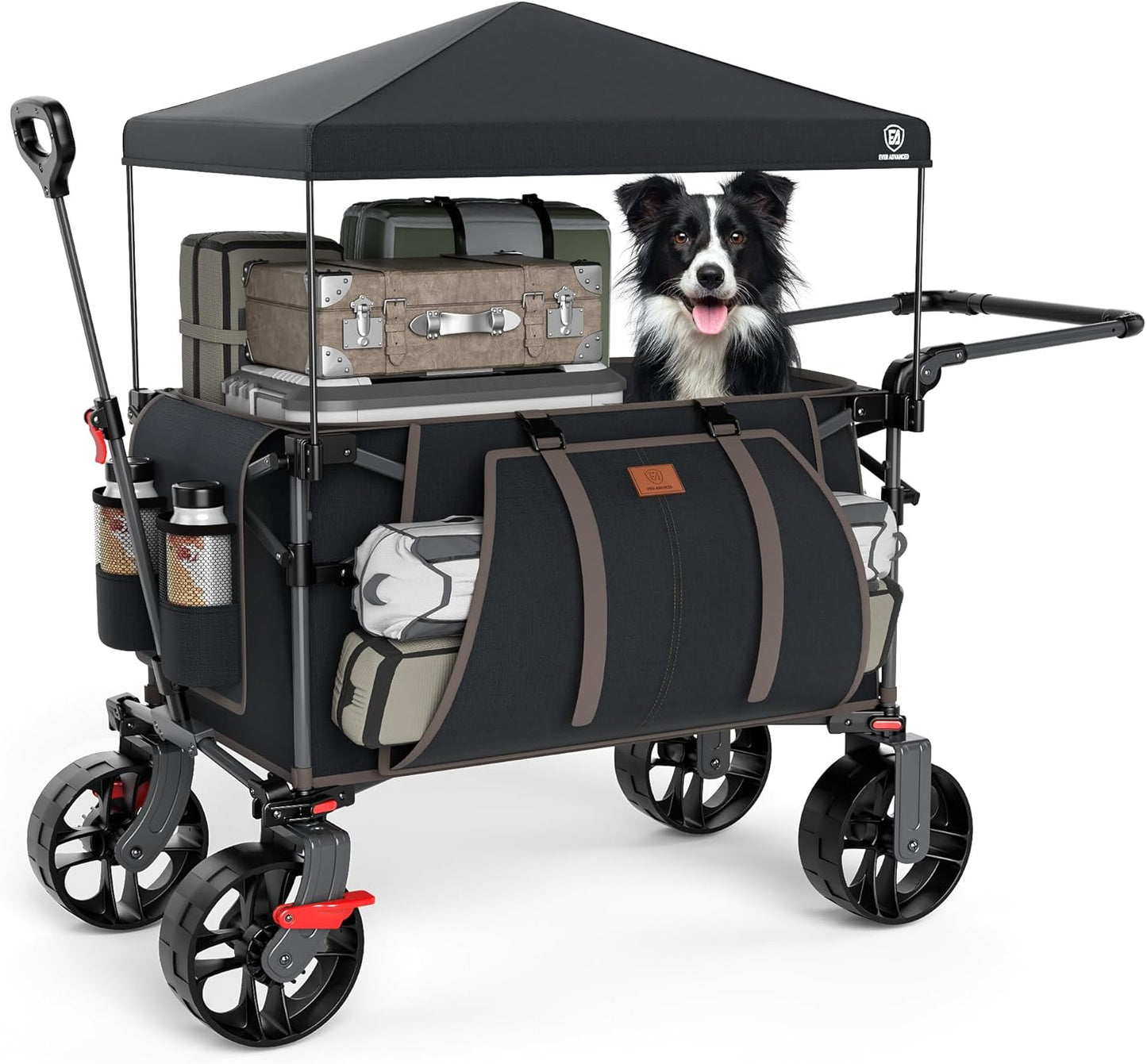 EVER ADVANCED Folding Push Wagon with Canopy, Portable Shopping Cart with Brakes, Collapsible Wagon Cart with All-Terrain Big Wheels for Camping, Beach, Sports