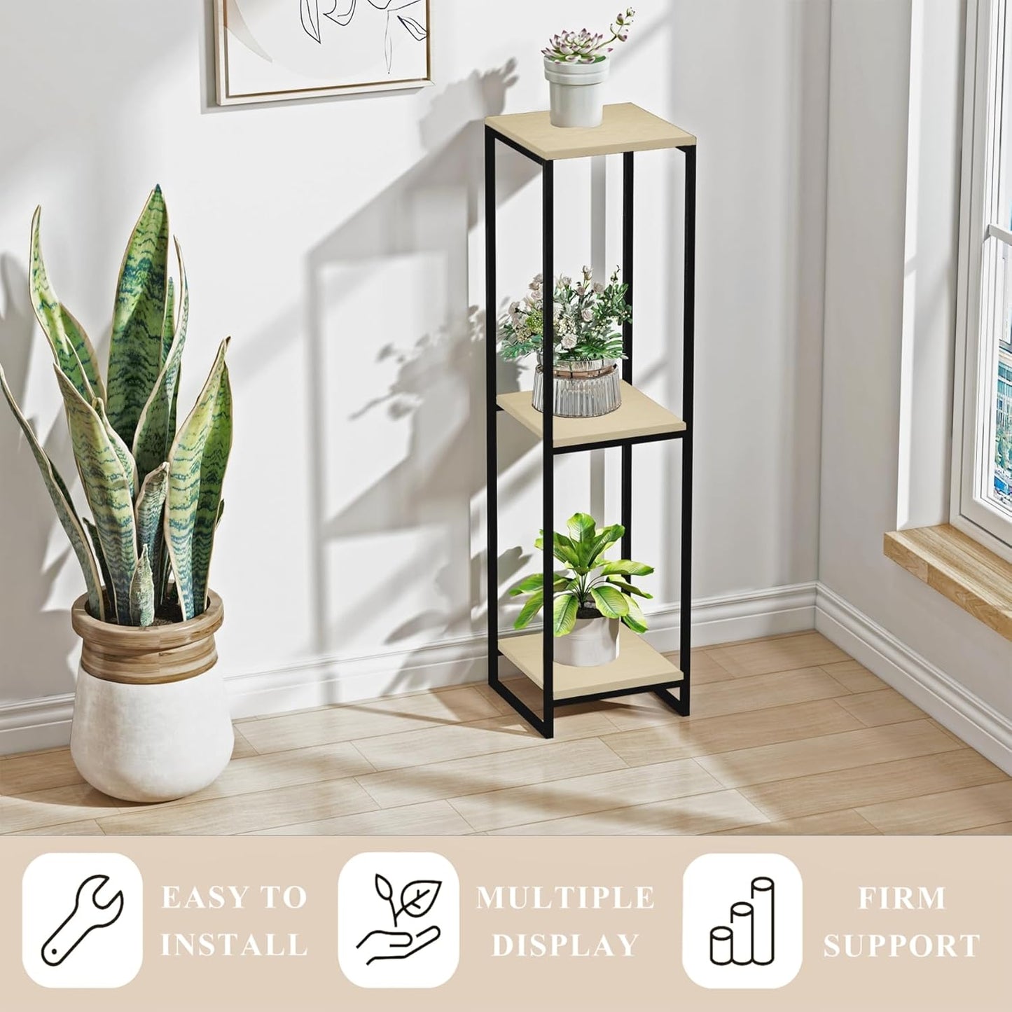 46" Tall Plant Stand Indoor, 3-Tier Modern Plant Shelf, Corner Flower Pot Holder Organizer for Living Room Balcony Patio Garden (Light Oak)