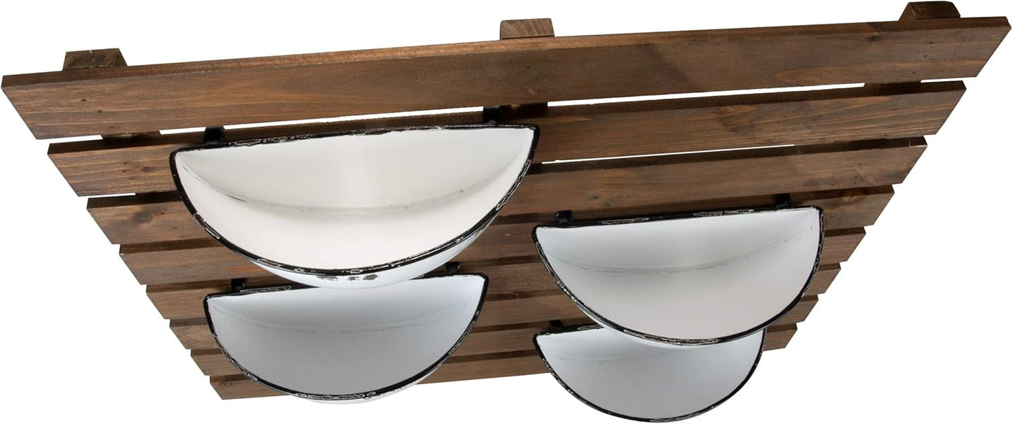 Foreside Home & Garden Rustic Slat Wood Wall Planter with Four Distressed White Enamel Pots