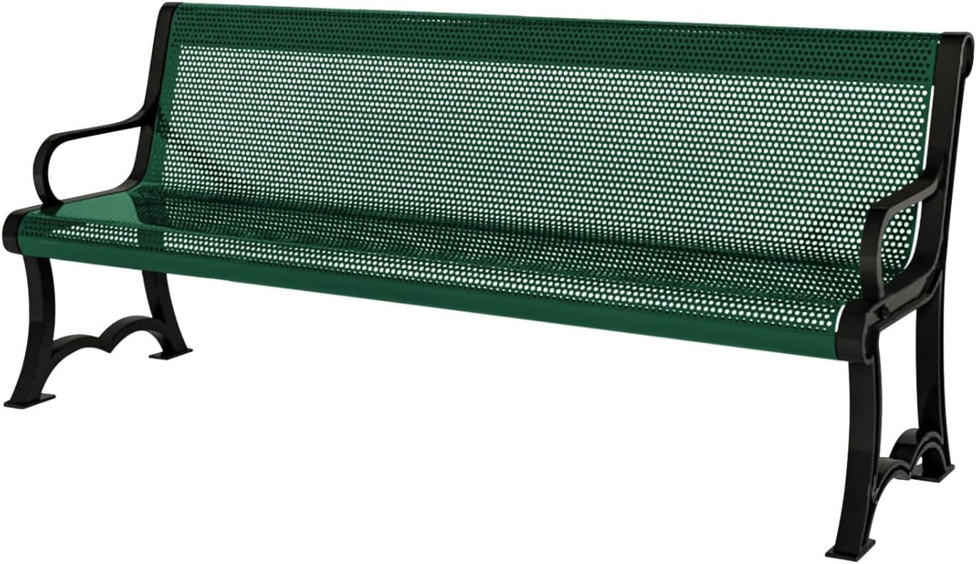 Coated Outdoor Furniture Heavy-Duty Outdoor Bench Thermoplastic Coated, Punched Steel, Commercial-Grade Garden Bench, Made in America (Portable with Back, 4 Ft, Textured Green)