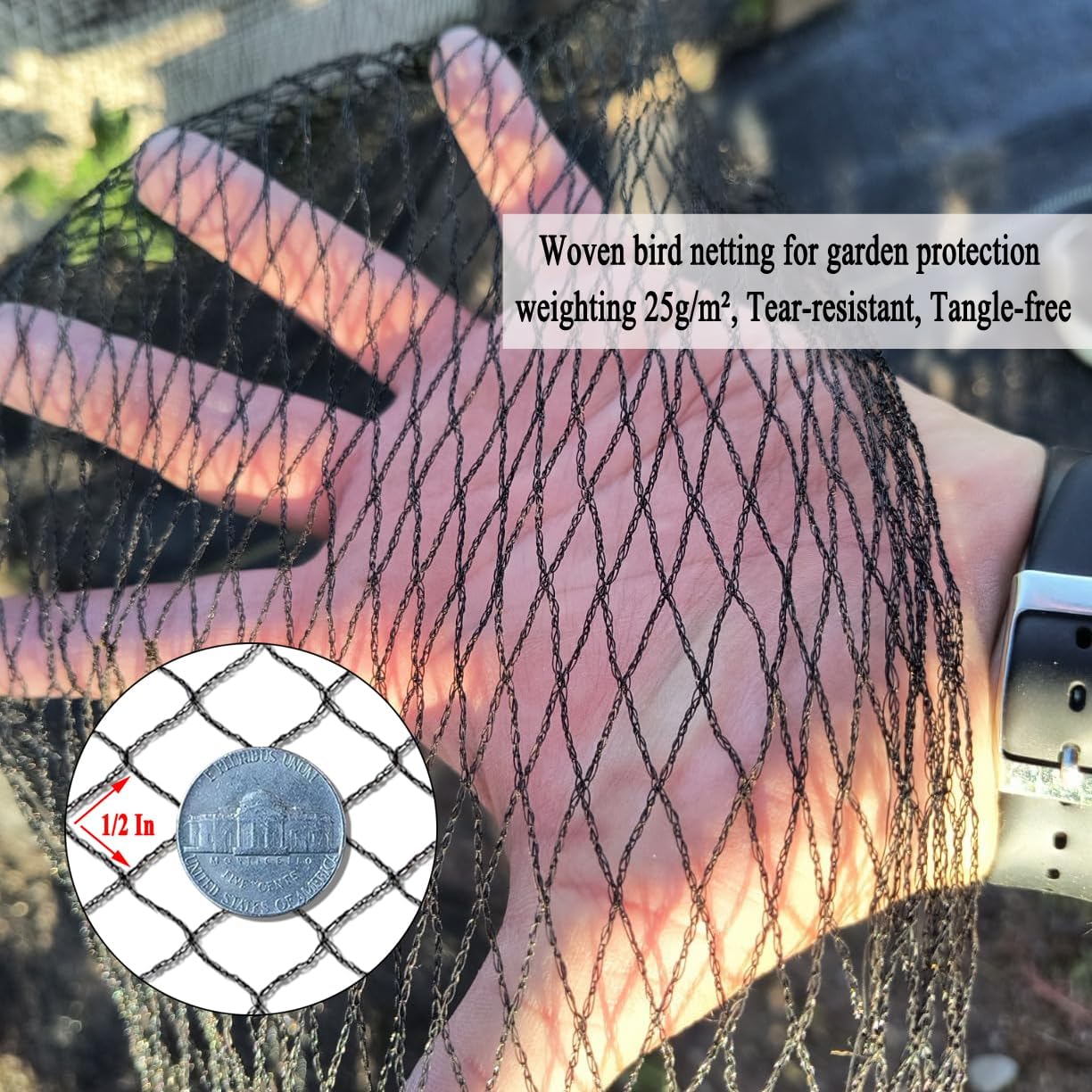 Junflying Bird Netting, 15x15 FT – 1/2" Mesh, Woven Black Netting for Garden Protection with Ties, Protects Vegetables, Fruit Trees, Blueberry Bushes & Strawberry Plants