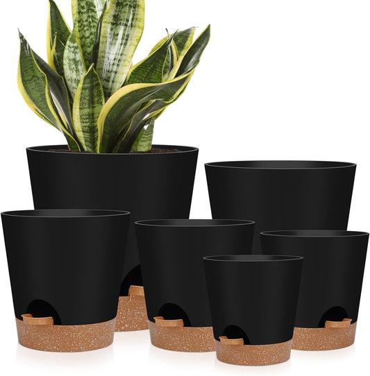 Indoor Self Watering Planters with Drainage Holes and Saucers, 8, 7, 6.5, 6, 5.5, 5 Inches, Black, 6 Pots