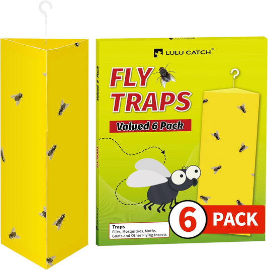 LULUCATCH Fly Glue Trap, 6 Pack Adhesive Fly Traps, Gnat Traps Sticky Bug Catcher, Non-Toxic Odorless Yellow Sticky Trap Indoor for Flies, Moths, Mosquitoes, Flea, for Garage, Barn, Greenhouse & Room