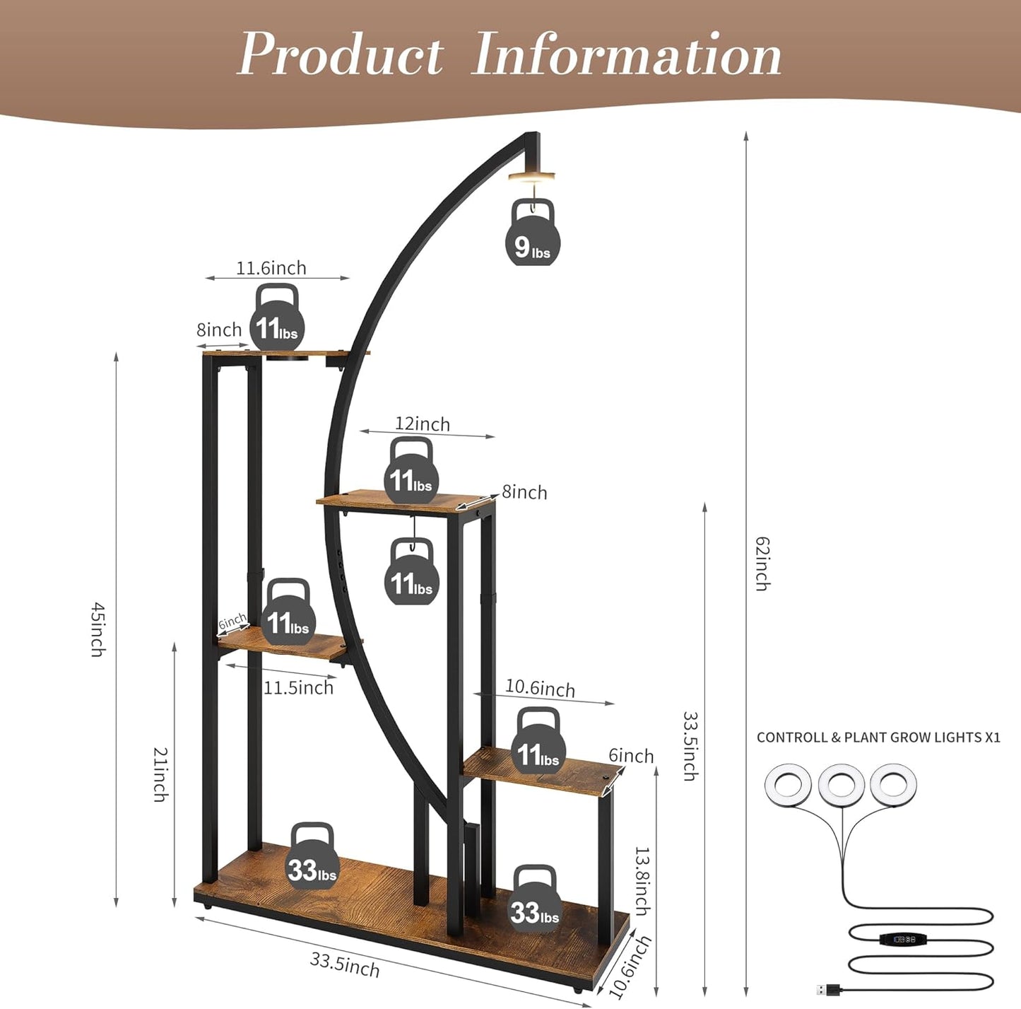 61” Tall Metal Plant Stand with Grow Lights, Tiered Indoor Shelf for Multiple Plants, Large Corner Display Rack with Adjustable Lamps, Hanging Hooks & Wooden Shelves for Living Room, Patio Balcony