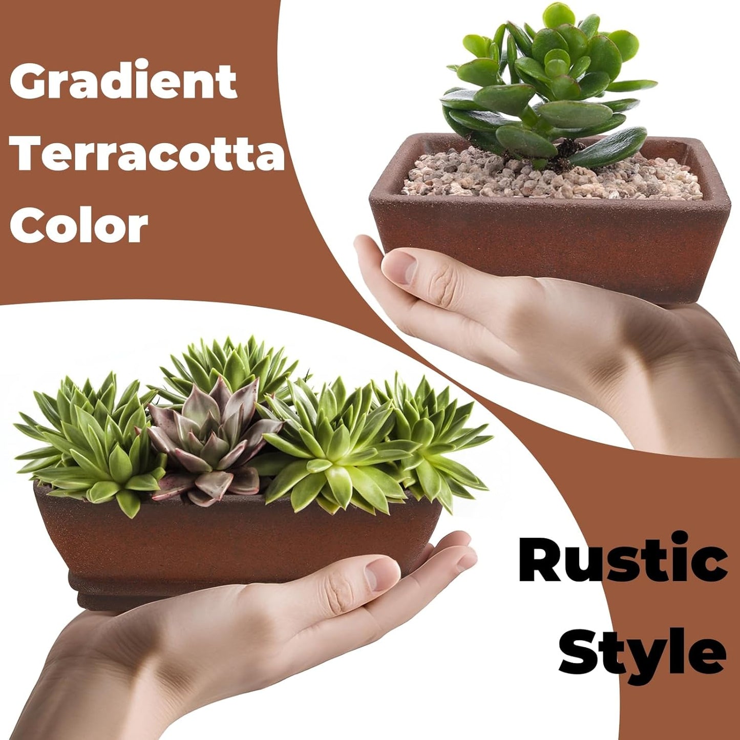 2 Pack Rectangle Bonsai Pots, 6" and 7" Bonsai Planter, Handmade Unglazed Ceramic Planters with 2 Match Humidity Trays 2 Drainage Mesh Pads, Bonsai Tree Training Kit for Garden Outdoor Indoor