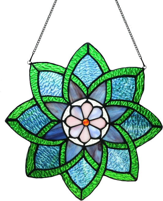 12 Inch Round Stained Glass Window Panel,Handmade Sun Catcher Decorations Stained Glass Window Hangings for The Windows Or Wall (Green)