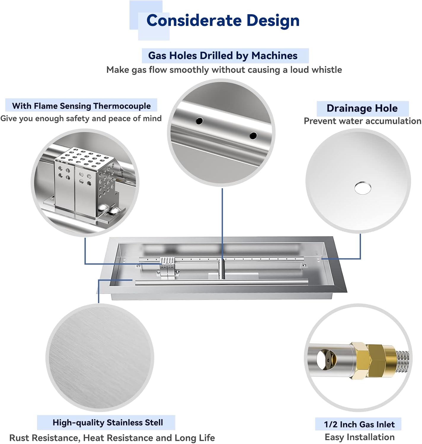 Skyflame Stainless Steel 24" Rectangle Fire Pit Drop-in Burner Kit with Extinguishing Protection Device, Flame Sensing, Electronic Spark Ignition, Gas Hose Connector for Propane
