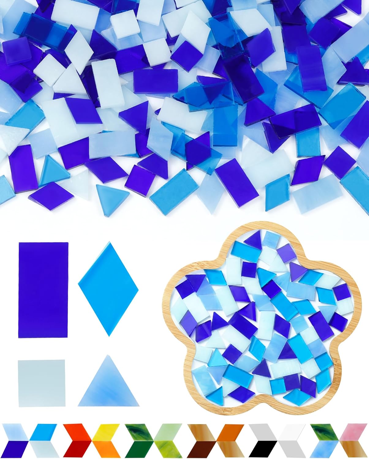 FIVEIZERO 260g Glass Mosaic Tiles for Crafts - 300 Pieces Tiny Mosaic Tile Kit, Irregular Pieces for DIY Craft Jewelry, Coaster Art & Mosaic Kits (Blue)