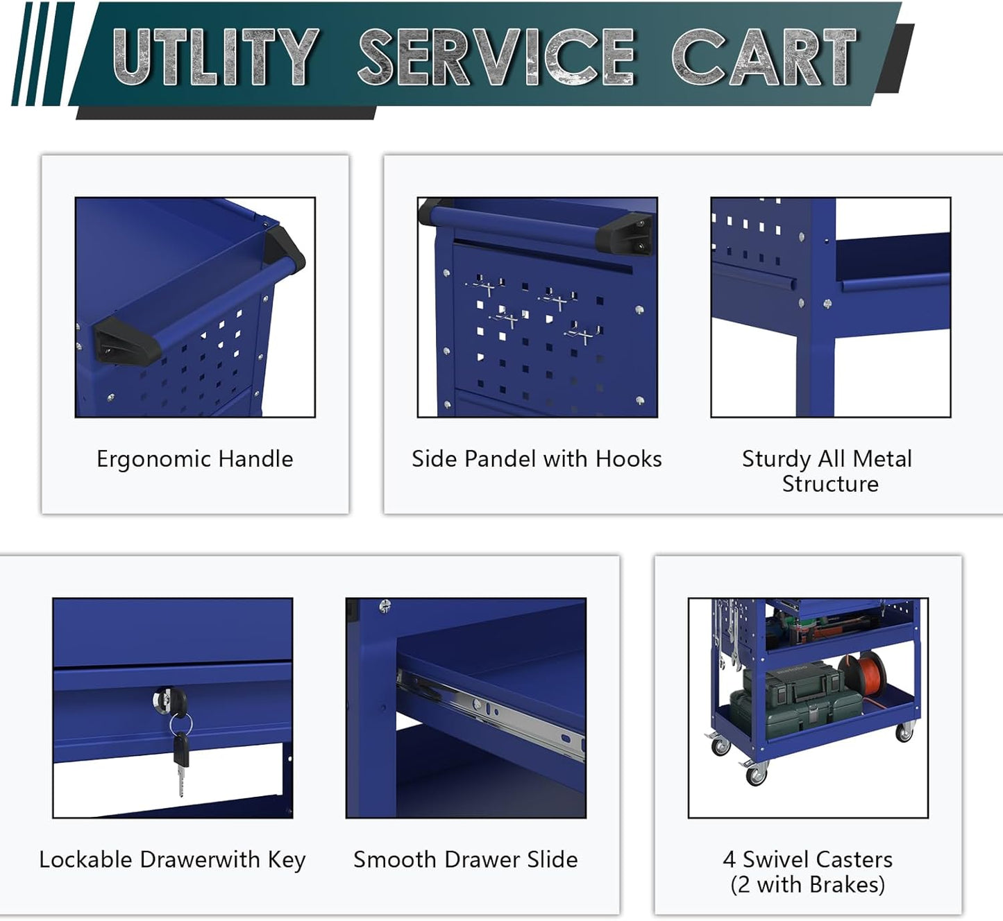3 Tier Rolling Tool Cart on Wheels with Locking Drawer - Metal Service Cart Industrial Utility Cart for Mechanic - 350 LBS Mobile Storage Organizer for Garage, (Blue)