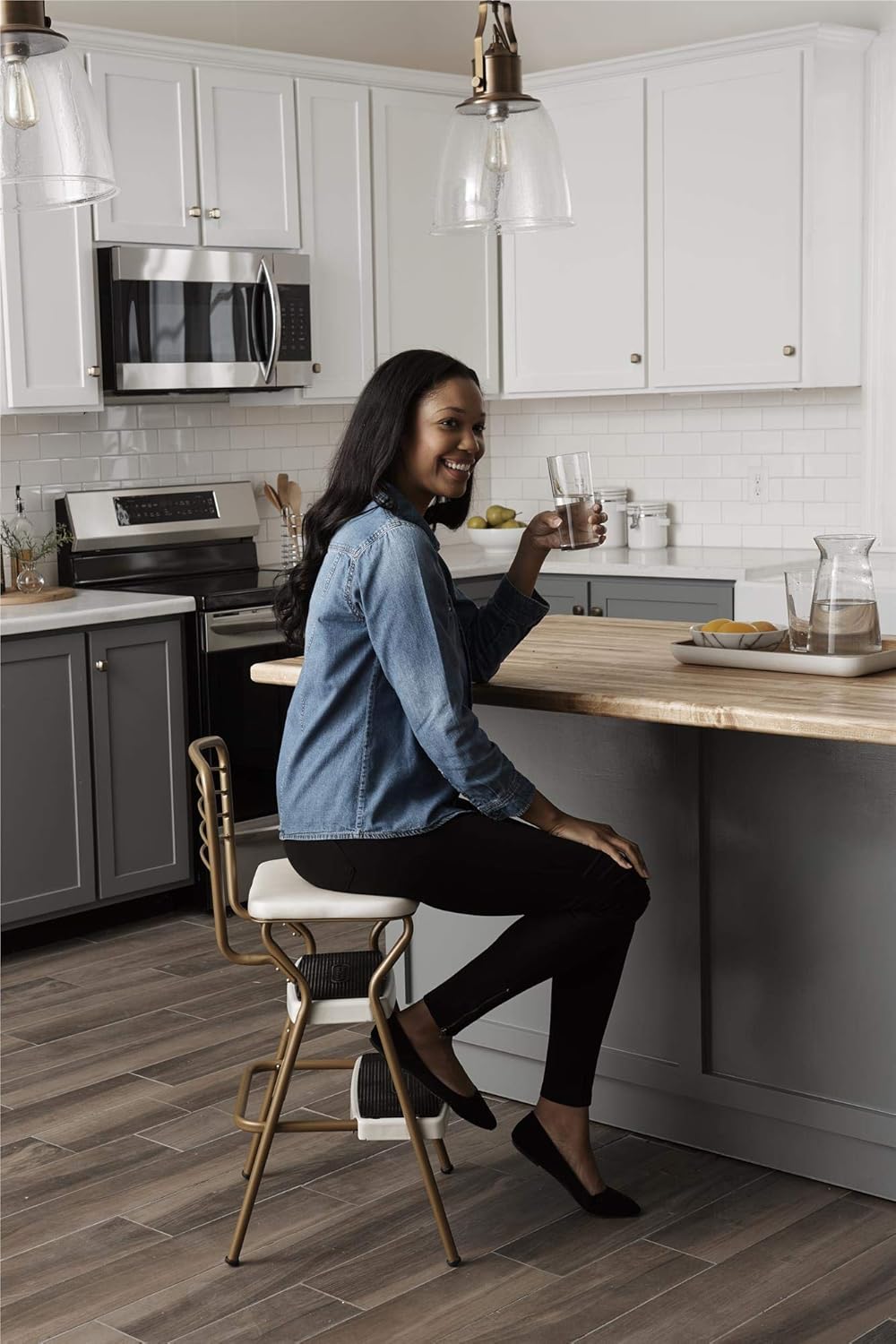 COSCO Stylaire Retro Chair + Step Stool with Flip-Up Seat , Gold & Cream