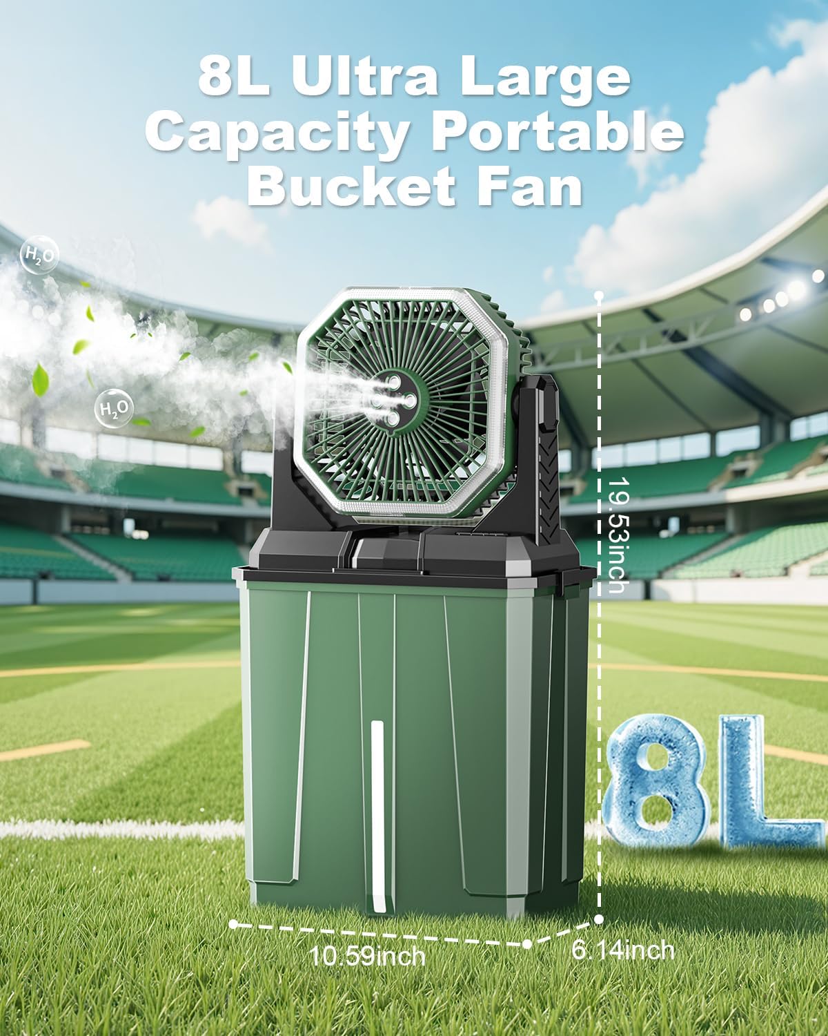 Coolice Camping Bucket Misting Fan 8L Water Tank, 24000mAh Outdoor Misting Fan with 2 Spray Modes & 3 Speeds, 3-speed LED lights Floor Cooling Fans, Portable Camping Fans for Garden, Patio, Worksite