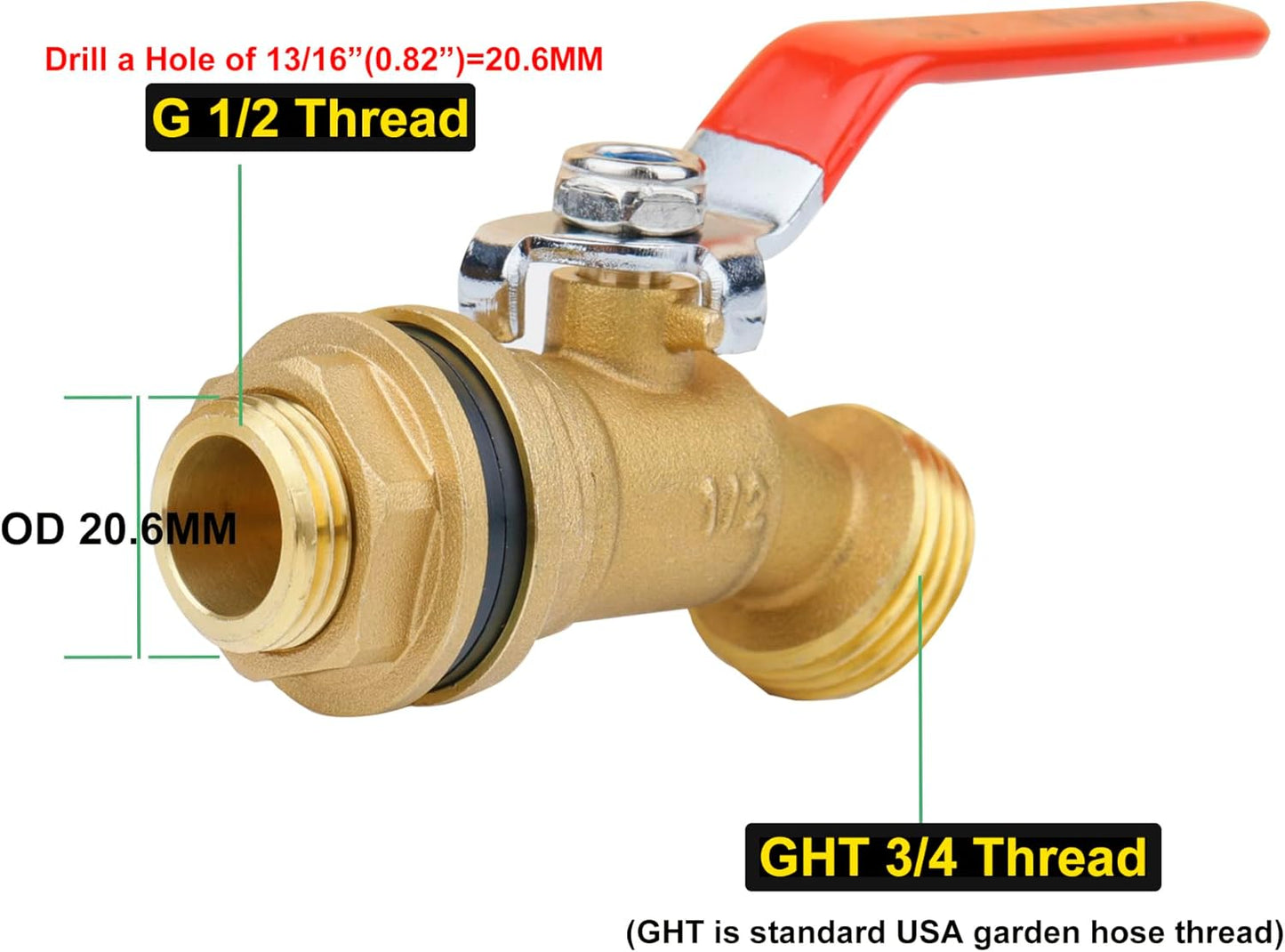 WHK Rain Barrel Spigot Kit-Water Bucket Spigot Faucets-Water Spicket Water Spout Spigot for 5/55 Gallon Bucket for Rain Barrel Water Container WaterTank,1/4 Turn with Long Handle(Brass)