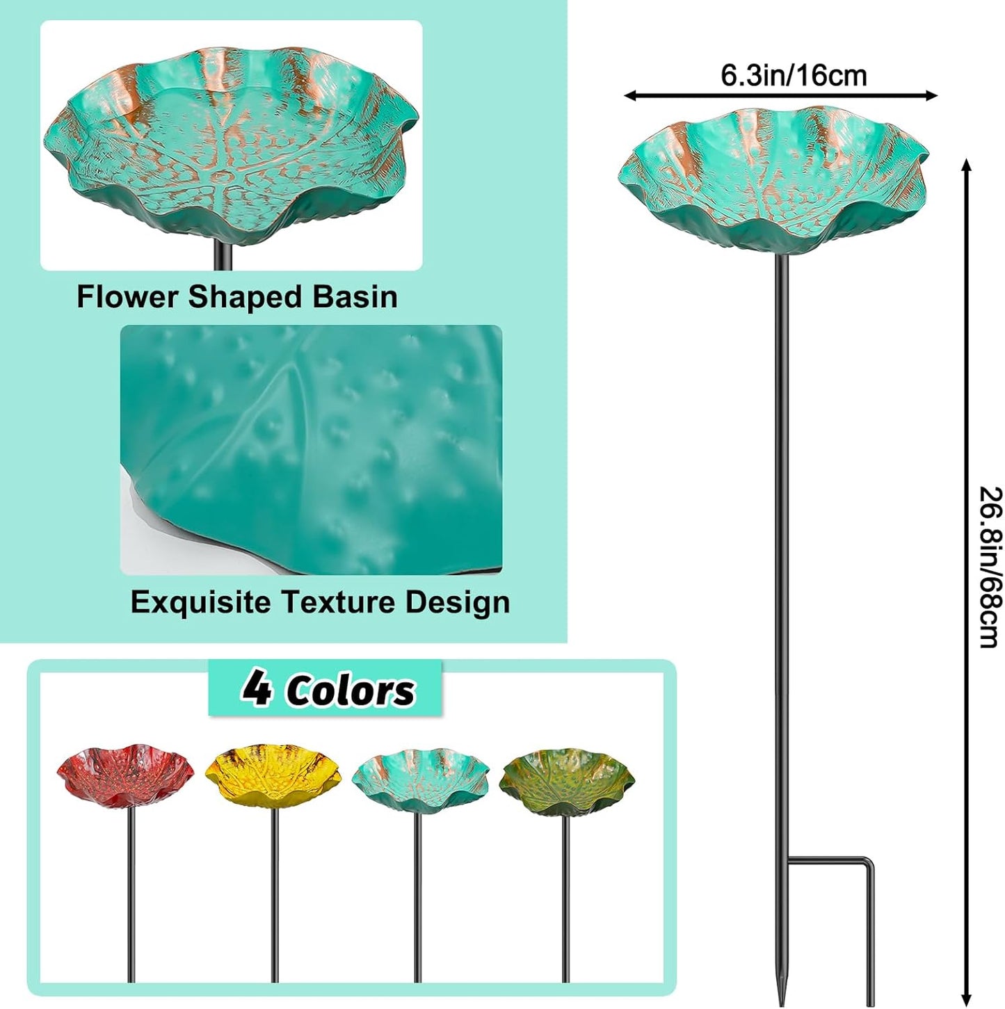 4PCS Hummingbird Bird Bath for Outside, Freestanding Metal Flower BirdBaths Bowl with Stake, Detachable Birdfeeder for Outdoor Yard Lawn Garden Decor (4PCS-Red-Yellow-Blue-Green)