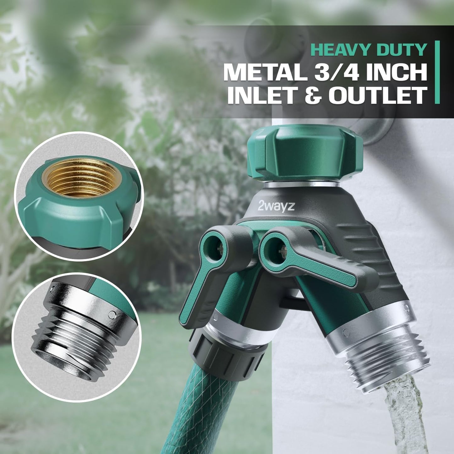 2WAYZ Dual Outlet Water Hose Splitter - Heavy-Duty Brass Y Connector, 360° Rotation, Easy Installation, Leak-Proof Design with Spigot Extender - Ideal for Garden, Washing Machines, Outdoor Faucets