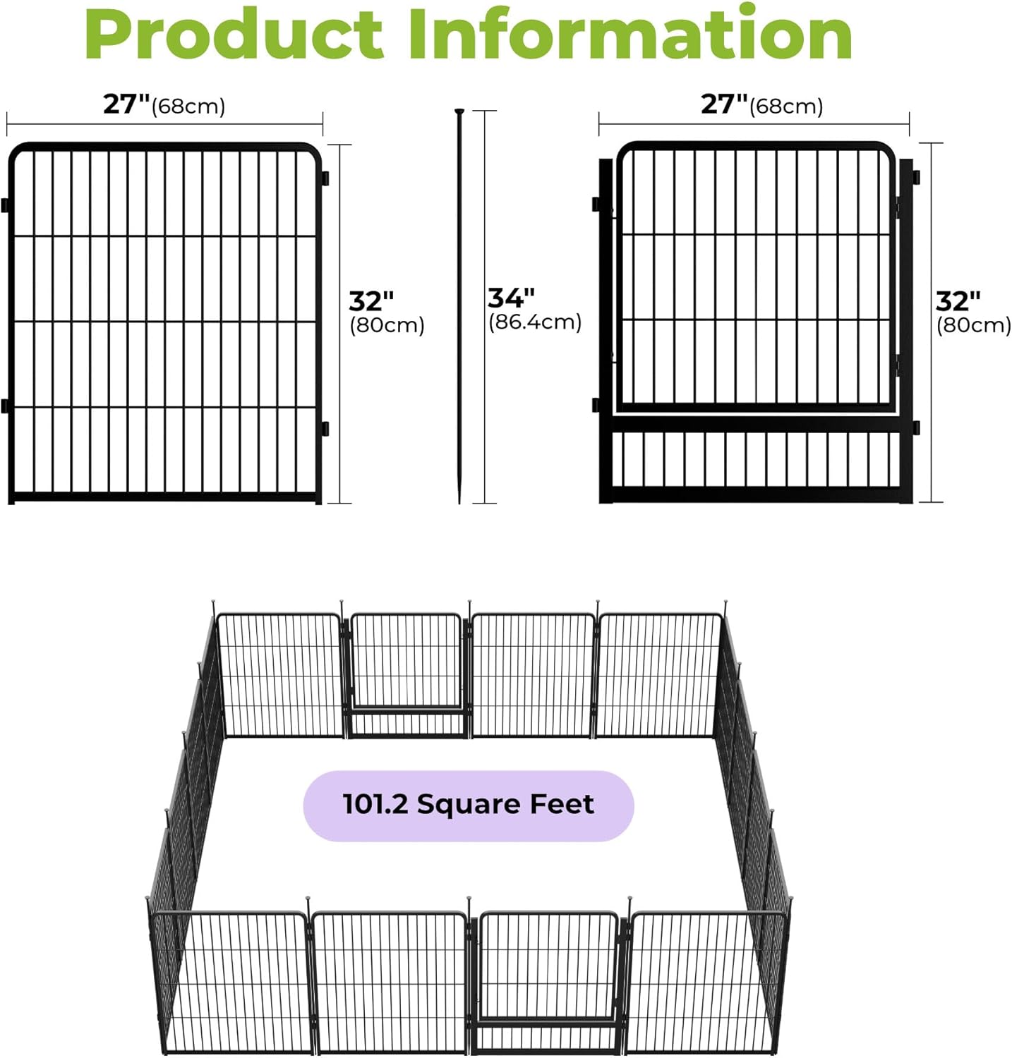 Decorative Garden Fence with Gate 32 in(H) x 35.7 ft(L) 16 Panels, Heavy Duty Metal Animal Barrier Fence for Yard, Flower Bed Fencing, Garden Border Fence, Easy Set Up, Black