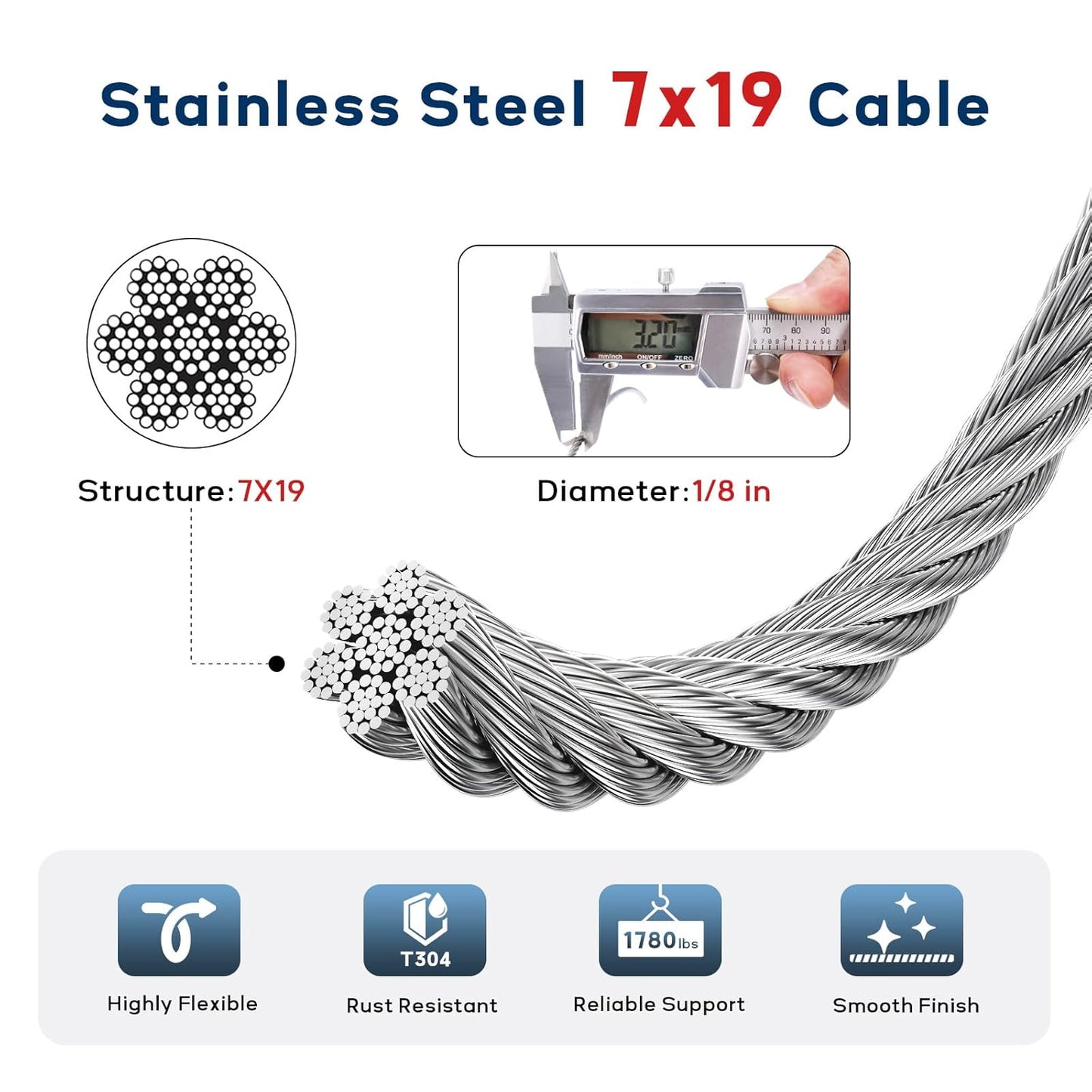 1/8 Inch Stainless Steel Cable 100FT, 7x19 Strand Wire Rope Kit with Thimbles, Clips & Aluminium Sleeves for Plants Climbing, Deck Fence Railing, String Light Haning and DIY Projects