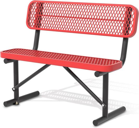 4FT Park Bench for Outside, Heavy-Duty Garden Bench W/ Back, Red Outdoor Metal Bench for Sitting Area, Commercial Bench for School Patio Porch Backyard Sports Church Locker Room Shopping Centers