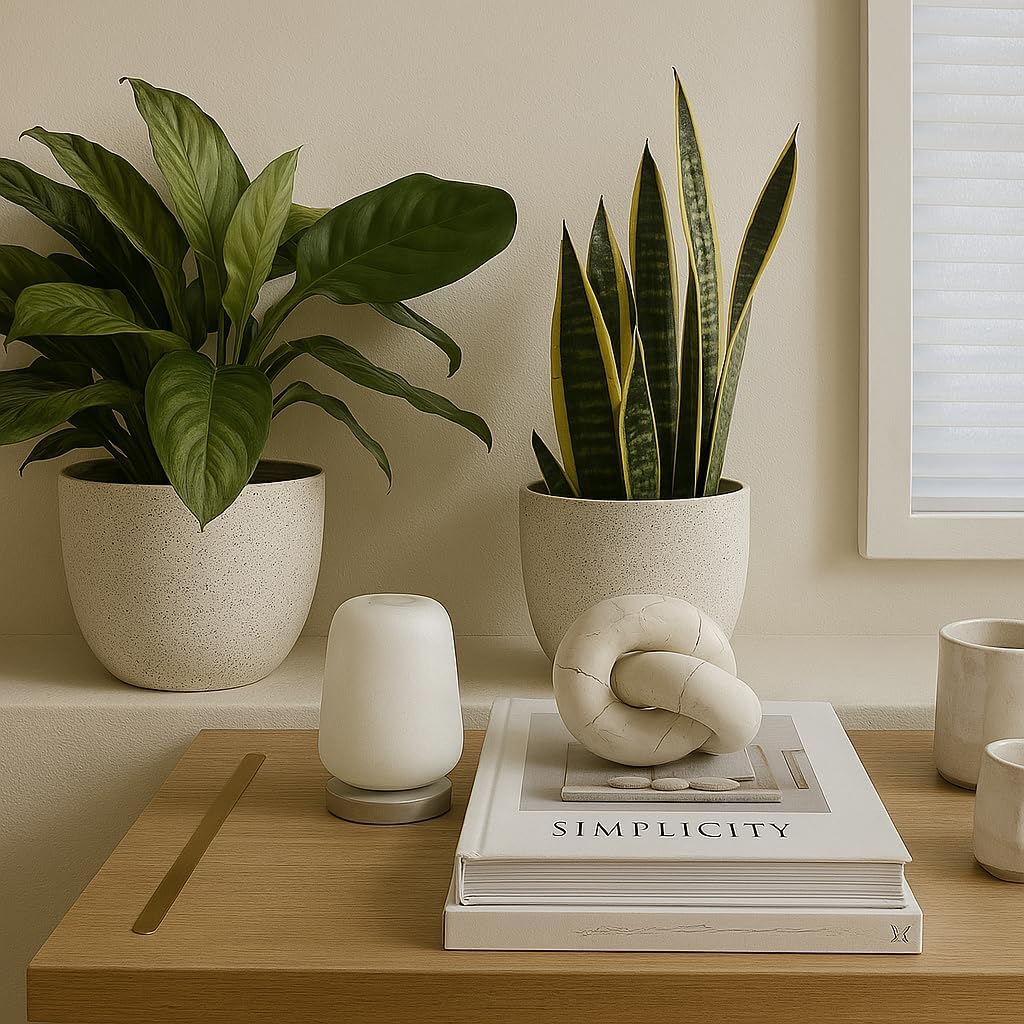 Giraffe Creation 12/10/9 Set of 3 Speckled White Plant Pots, Modern Indoor & Outdoor Planters with Drainage Holes and Saucers