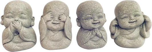 4-in-1 Buddha Statue Set for Spiritual, Feng Shui, Zen and Indoor/Outdoor Decor - Cute Buddha Statue for Home, Aquarium and Asian Garden Decor. with Amulet