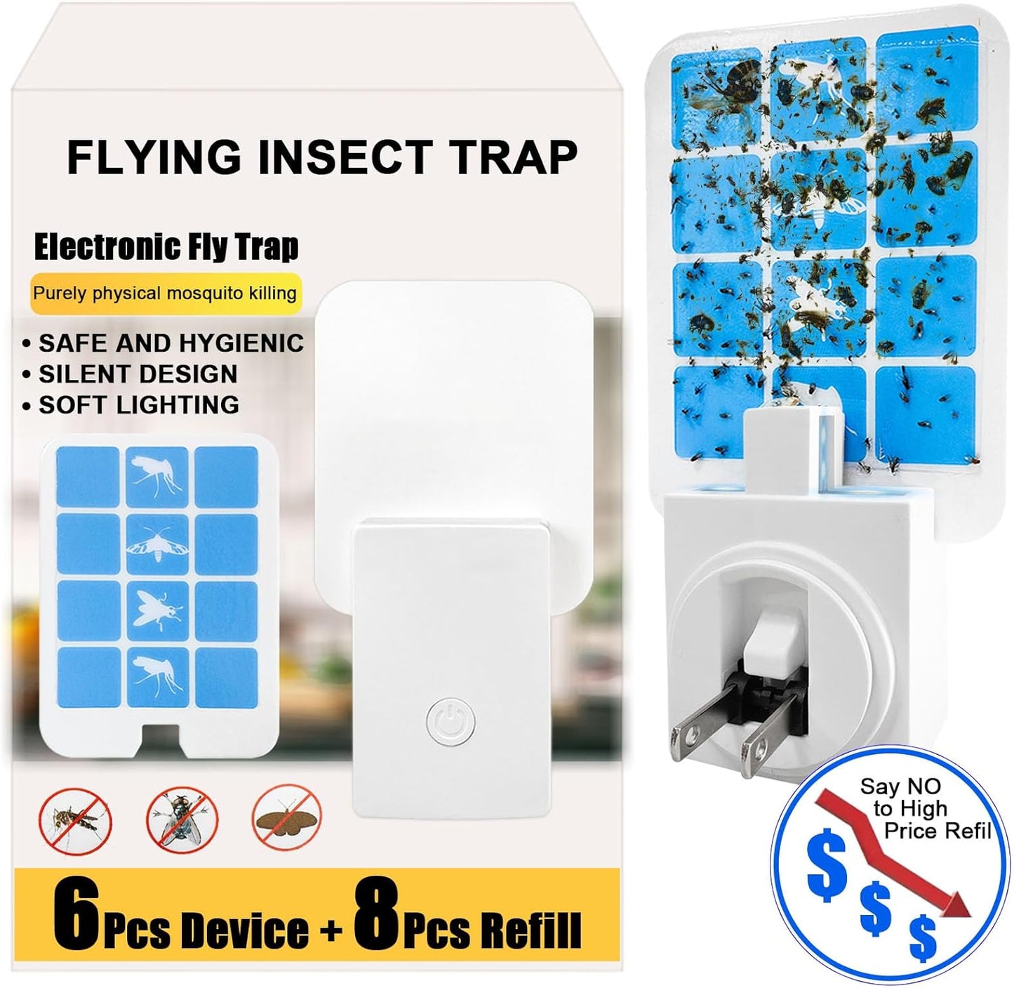 Plug in Indoor Fly Trap for Gnat Moth Houseflies Fruit Flies, Blue Light Bug Light Trap Compatible with Safer Home Indoor Fly Trap Refill, Mosquito Flying Insect Trap, 6 Device+8 Refill