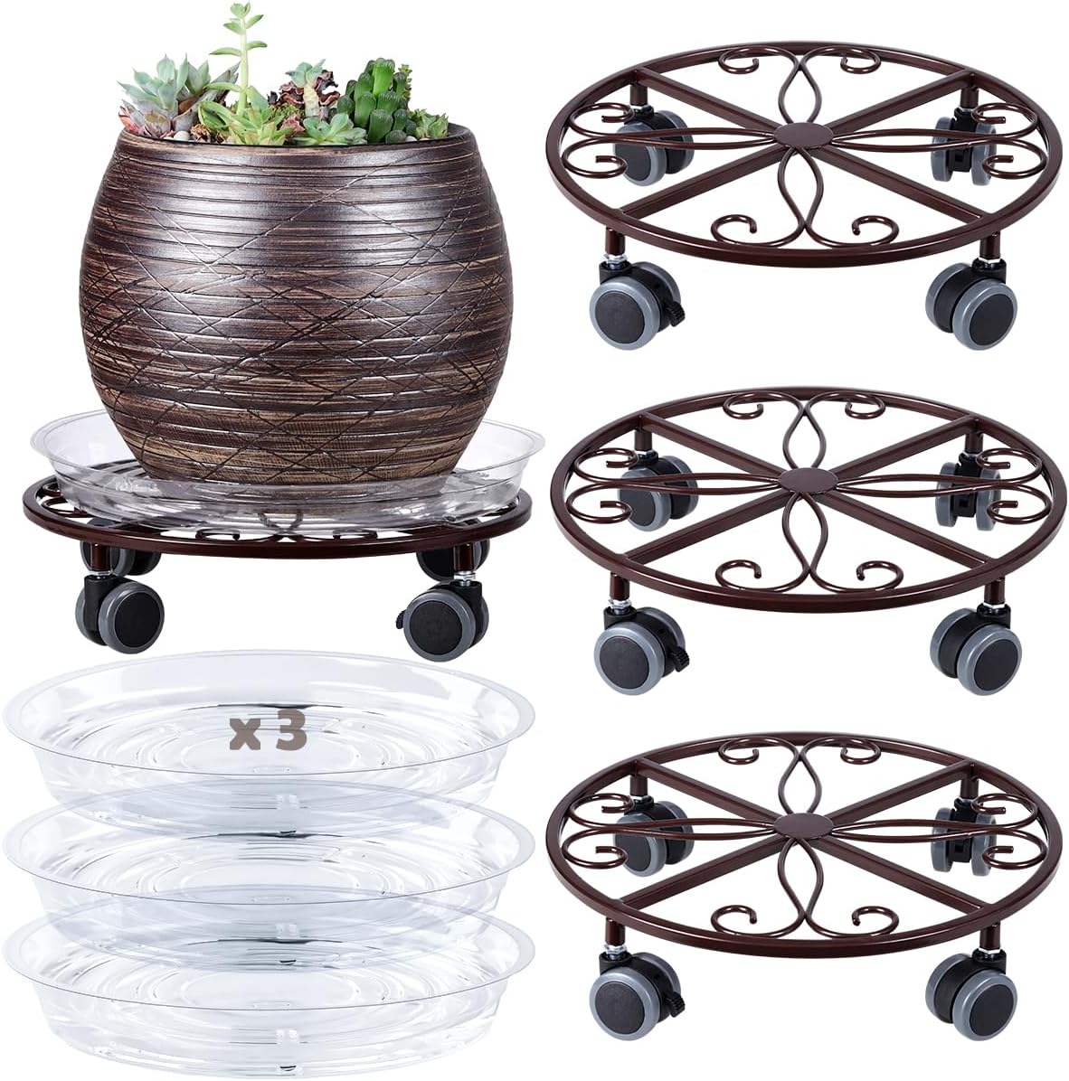 3 Pack Plant Caddy with Wheels Heavy Duty 13.5 Inches Metal Plant Stand with Wheels Plant Dolly Rolling Plant Stand Plant Roller with Casters for Indoor and Outdoor, Bronze