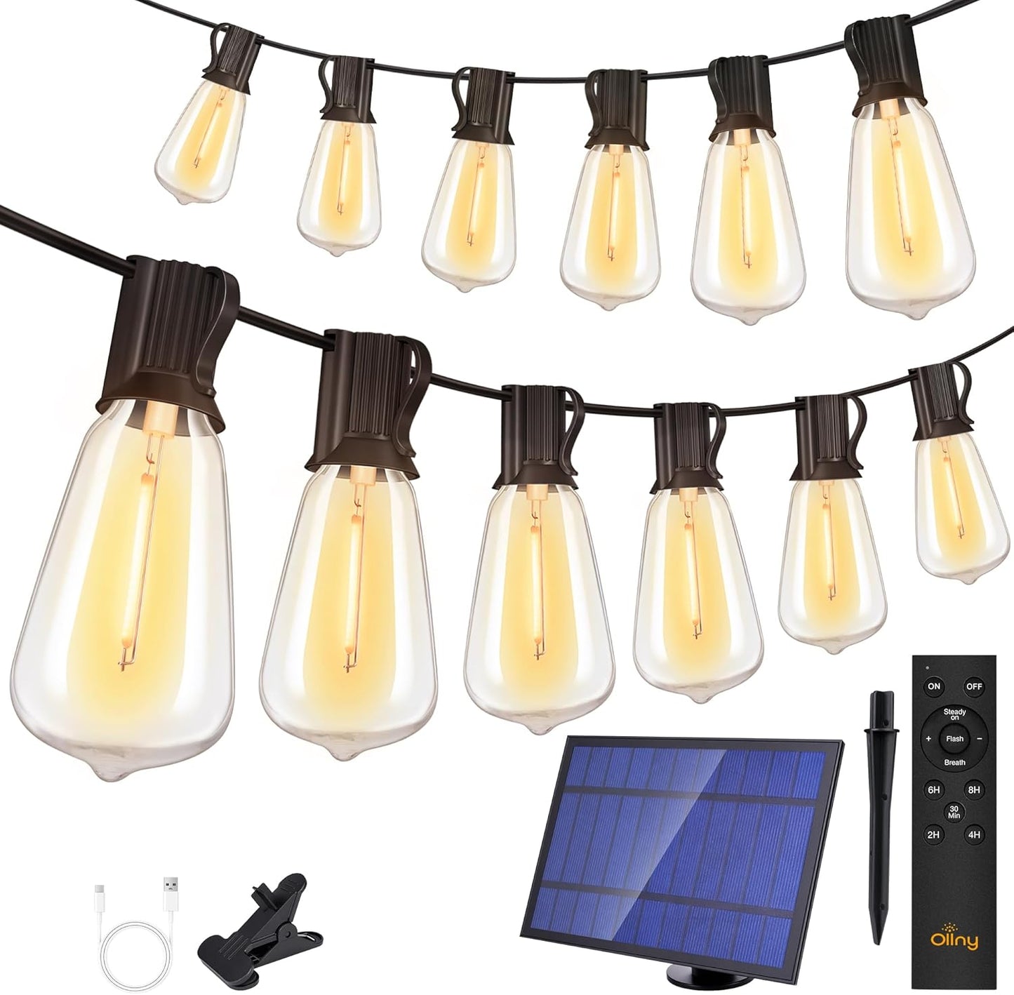 Ollny 50+2 LEDs ST38 Solar String Lights, 100 FT USB & Solar Dual Charging Outdoor String Lights, 3 Modes 5 Timers 10 Brightness 2200K Waterproof Patio Lights for Porch Garden Market Bistro Camping