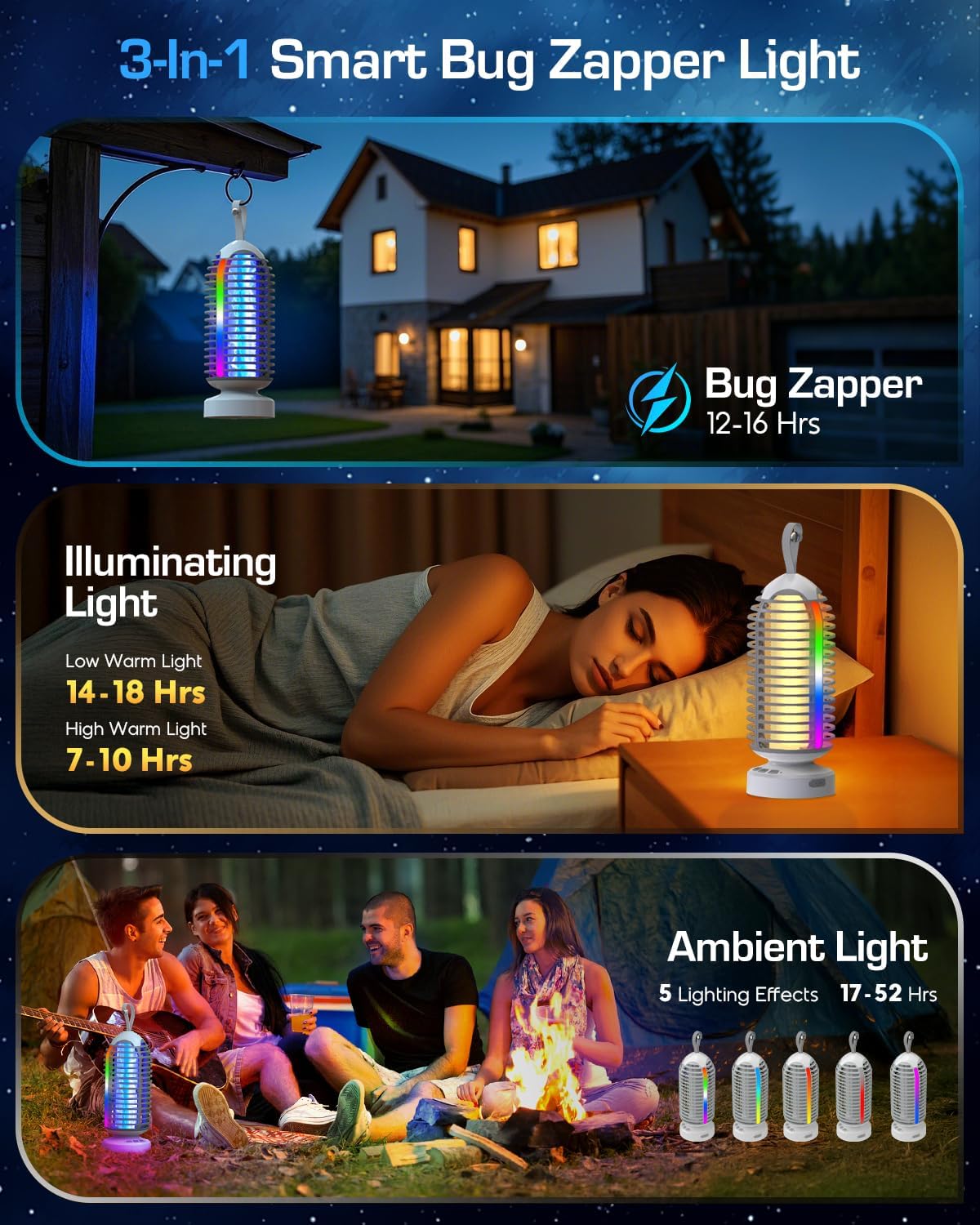 Bug Zapper Outdoor with Marquee Light, Cordless Mosquito Zapper, 4000mAh Rechargeable Electric Bug Zapper Indoor, Auto On/Off Waterproof Mosquito Trap Fly Zapper for Patio Backyard Kitchen Camping