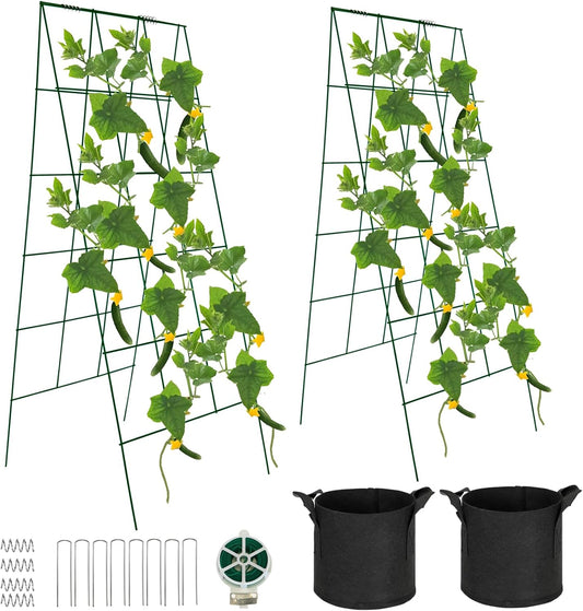 Foldable Cucumber Trellis, 46" L x 18" W A-Frame 2 Pack Cucumber Trellis for Raised Bed Garden Vegetable Grow Supports, Steel Trellis with Twist Ties & Plant Bags for Climbing Plants Outdoor