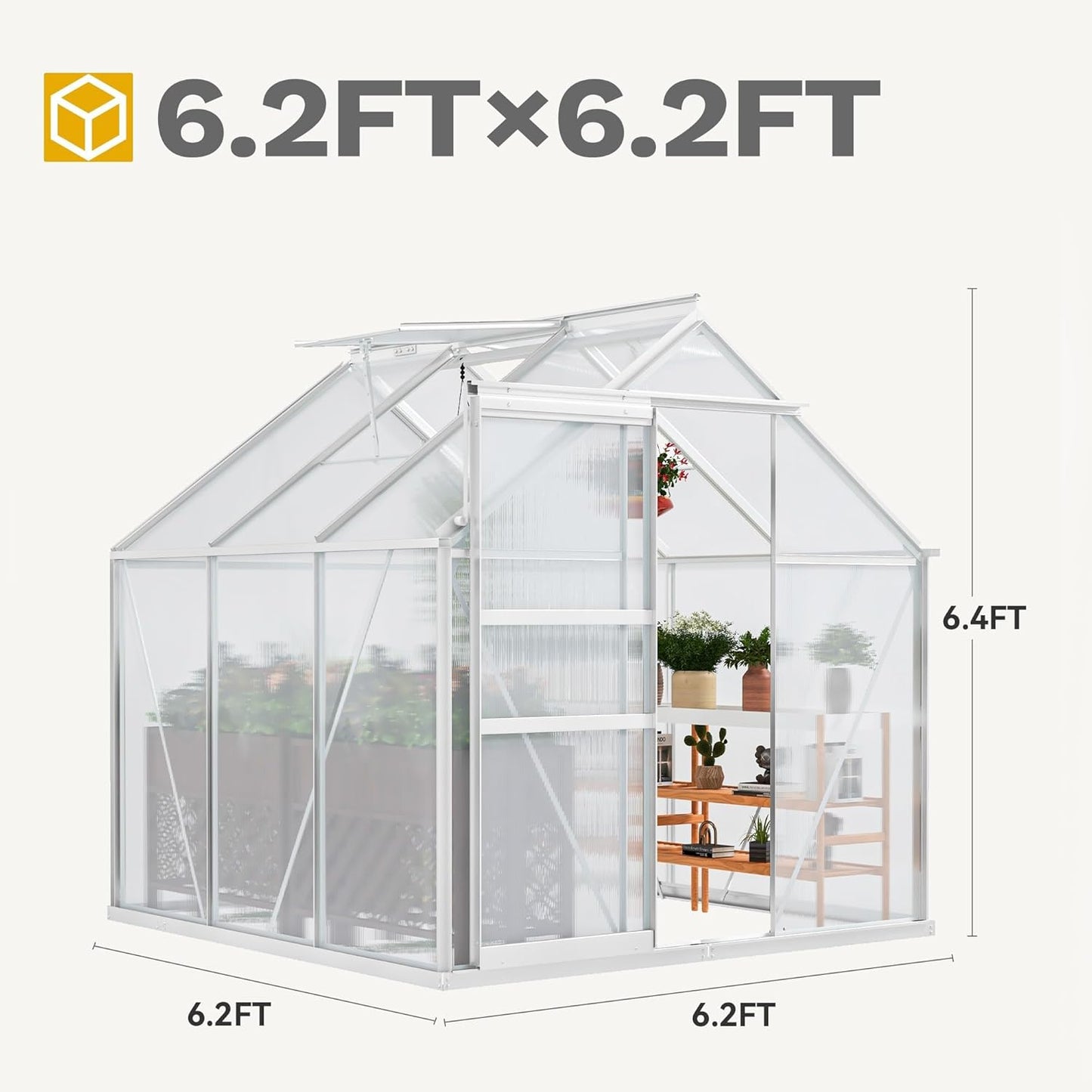 DWVO 6x6FT Polycarbonate Greenhouse for Outdoors, Large Heavy Duty Aluminum Greenhouses with Sliding Doors and Vent Window, Walk-in Greenhouse Large Sun House for Garden Backyard, Silver