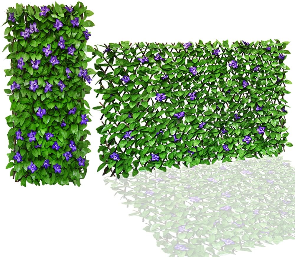 Expandable Fence Privacy Screen for Balcony Patio Outdoor,Decorative Faux Ivy Fencing Panel,Artificial Hedges (Single Sided Leaves) (1, Green Flowers)