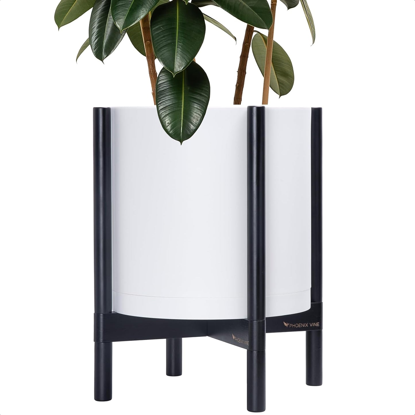 D'vine Dev Planter Pot with Stand - 14 Inch Plastic Cylinder Flower Pot with Wood Planter Holder for Indoor, Matte White Pot + Ebony Stand, 55-C-T-1