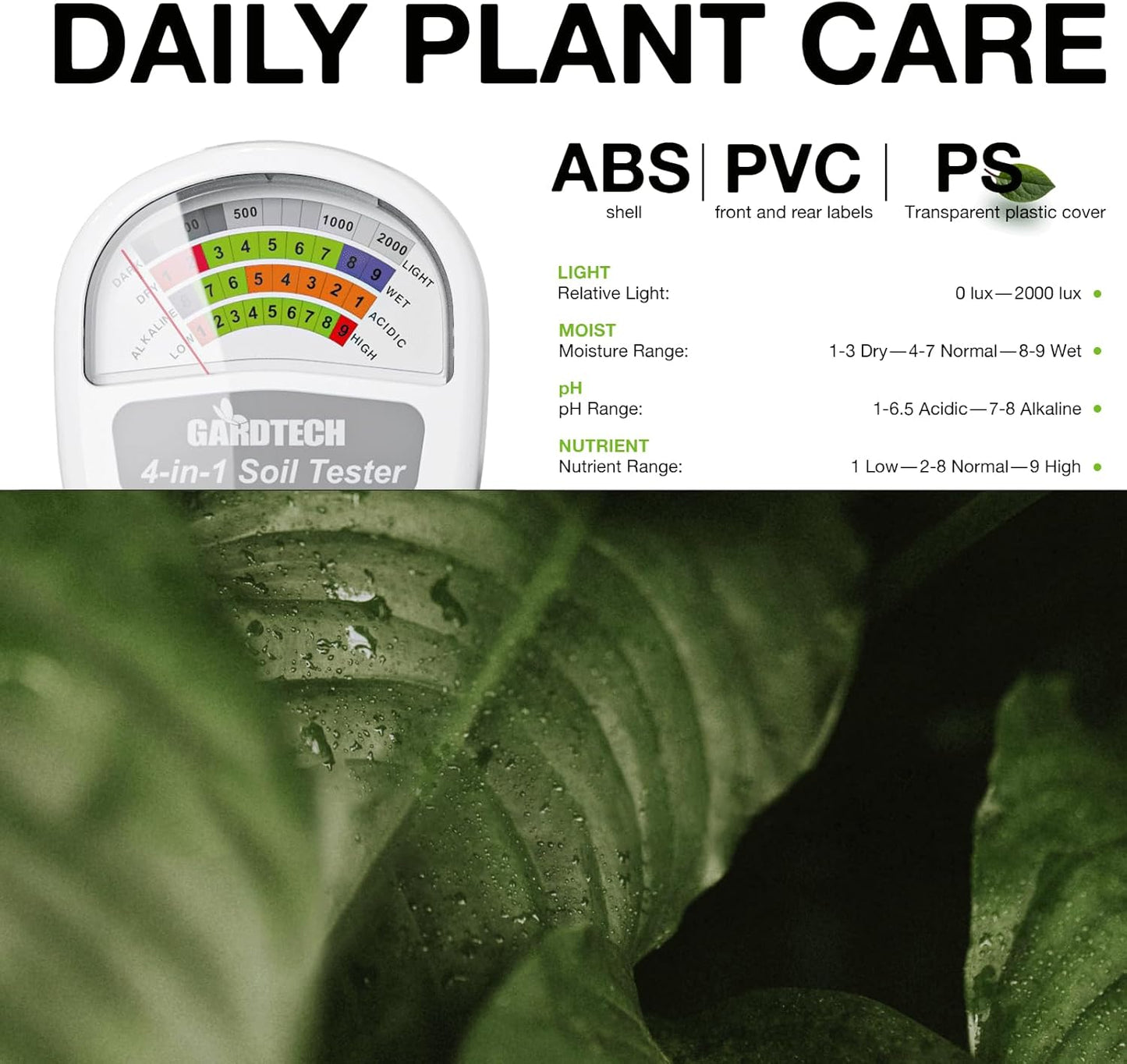 Gardtech Soil Moisture Meter - 4-in-1 Soil Test Kit Without Battery, Soil Moisture/Light/Nutrients/pH Meter for Plant, Garden, Lawn, Indoor & Outdoor (White)