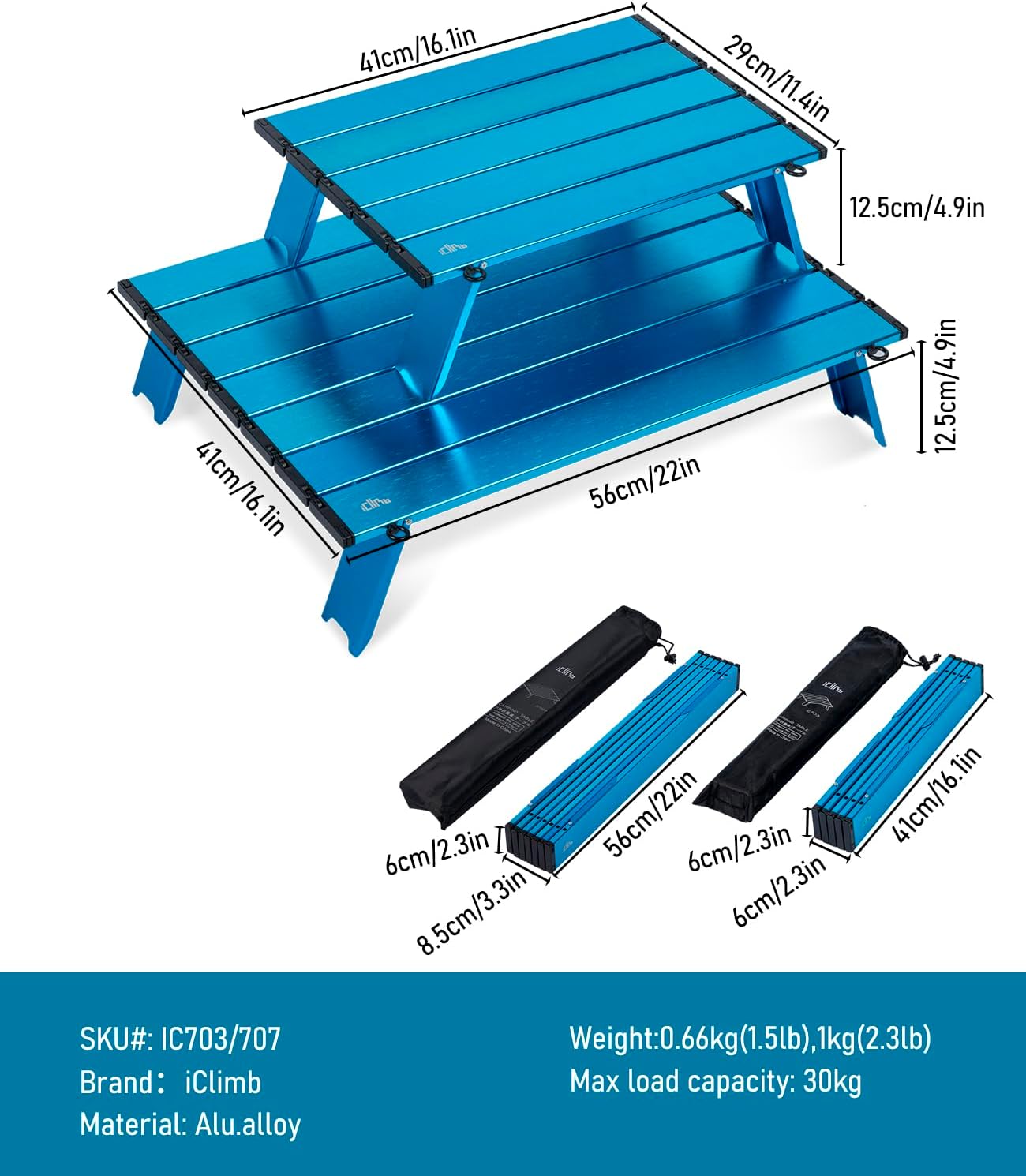 iClimb Ultralight Compact Mini Beach Picnic Folding Alu. Table with Carry Bag, Two Size (Blue - S)