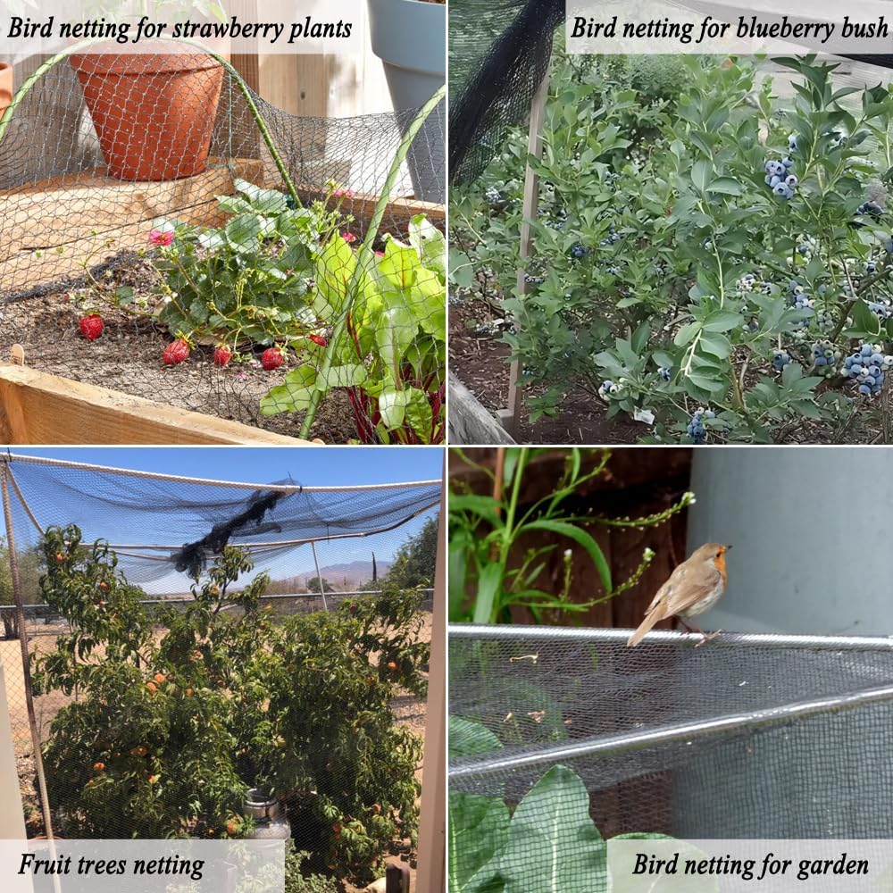 Junflying Bird Netting, 10x30 FT – 1/2" Mesh, Woven Black Netting for Garden Protection with Ties, Protects Vegetables, Fruit Trees, Blueberry Bushes & Strawberry Plants