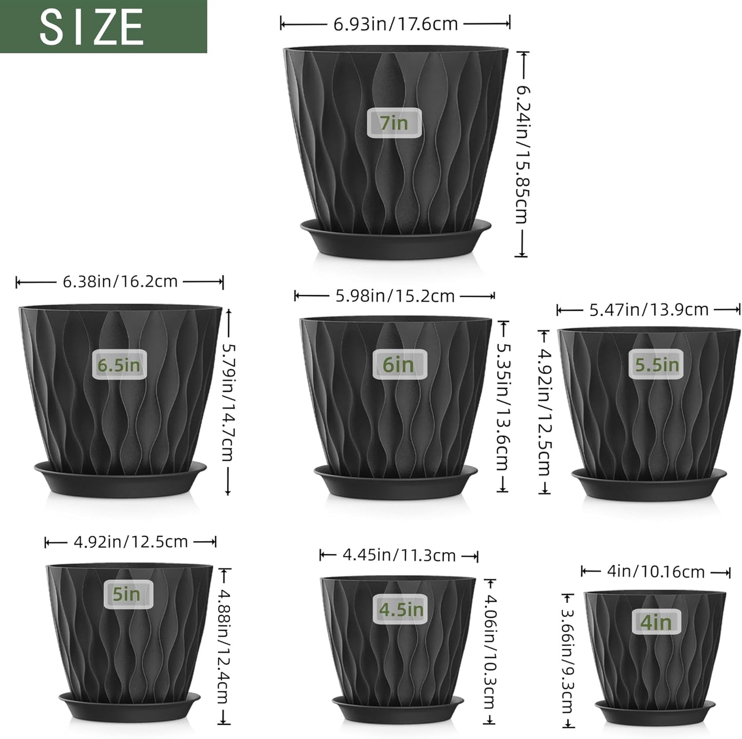 4/4.5/5/5.5/6/6.5/7 Inch Plant Pots,7 Pack Flower Pots with Drainage Holes and Trays,Plastic Planters for Indoor Outdoor Plants Growth,Black