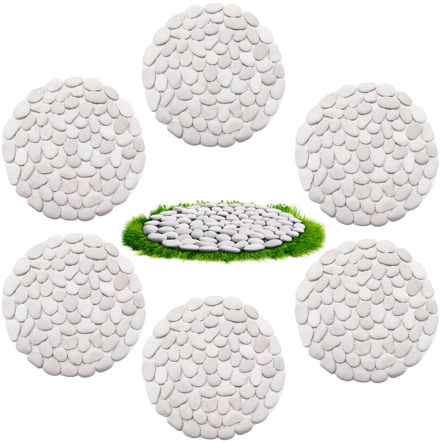 10in River Rock Stepping Stones Set - 6 Pack | Polished Pebble | Long-Lasting PVC Mesh Backing | Perfect for Garden Paths and Lawns Outdoor Landscaping Decoration | White Circle