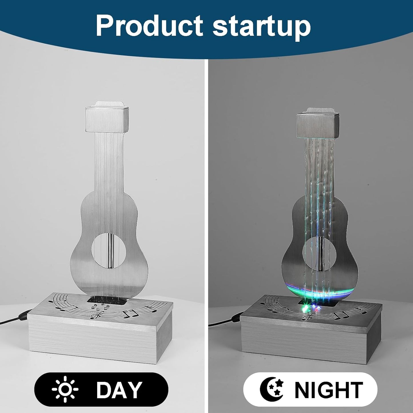 Indoor Tabletop Fountain with 3-Color LED Lights, 304 Stainless Steel Guitar-Shaped Desktop Meditation Waterfall for Home & Office Décor, Relaxing Water Feature Air-Purifying Gift