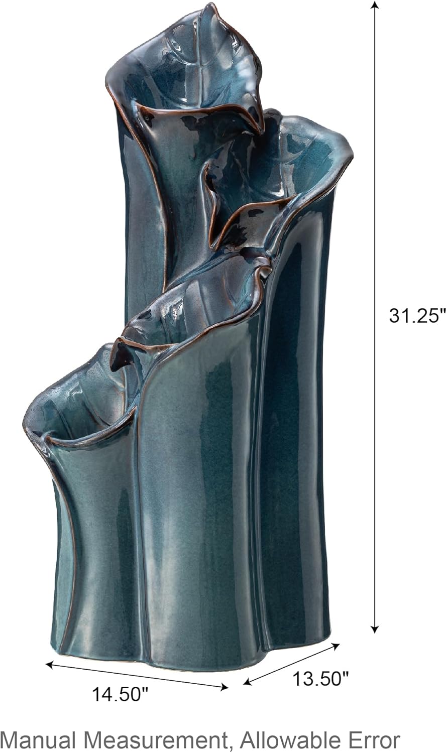 Glitzhome 31.25" H Outdoor Water Fountain with LED Lights and Pump, 4 Tier Turquoise Lotus Leaf Textured Ceramic Floor Standing Fountain, Vase Waterfall Fountains for Porch Deck Garden Patio Backyard