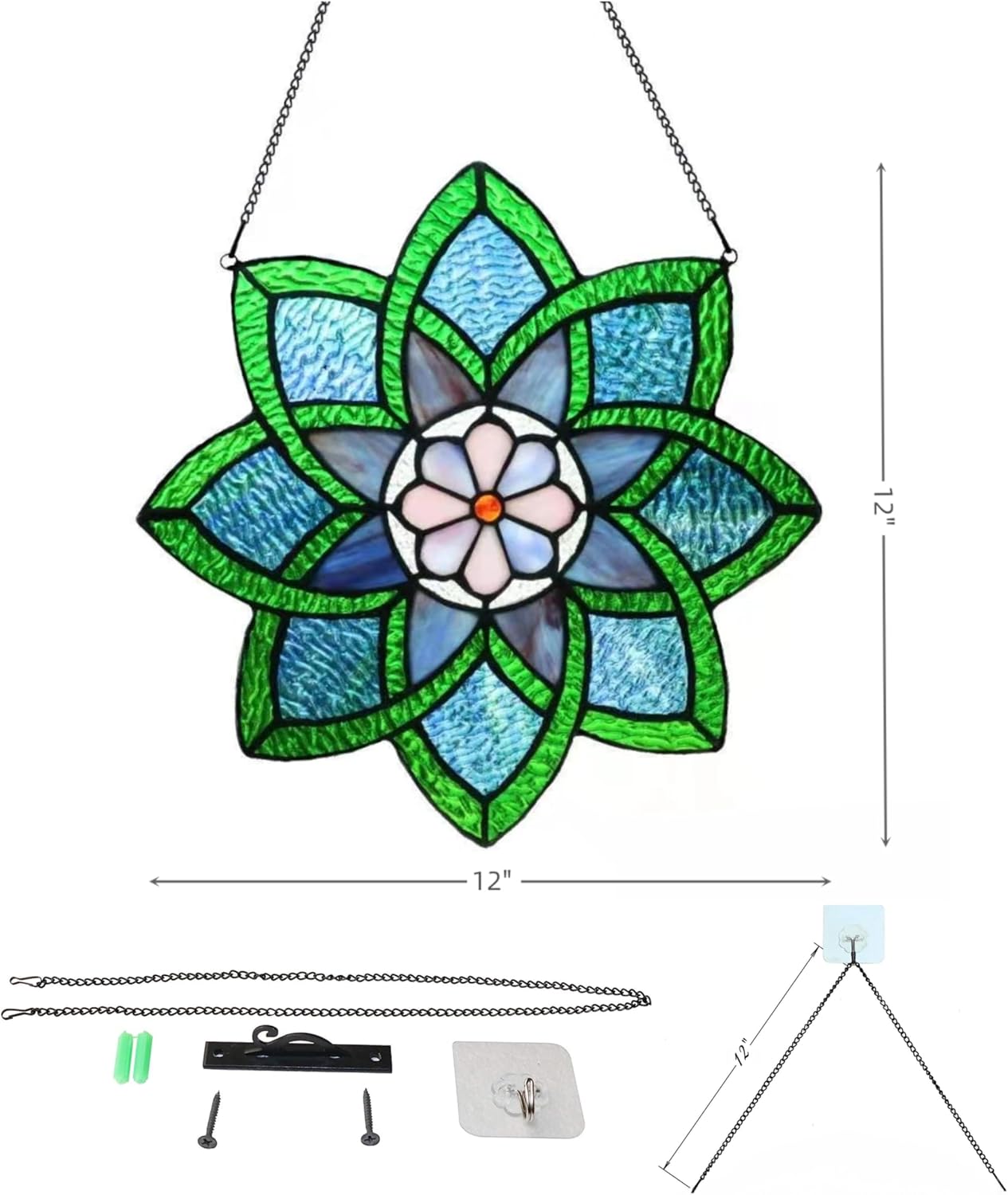 12 Inch Round Stained Glass Window Panel,Handmade Sun Catcher Decorations Stained Glass Window Hangings for The Windows Or Wall (Green)