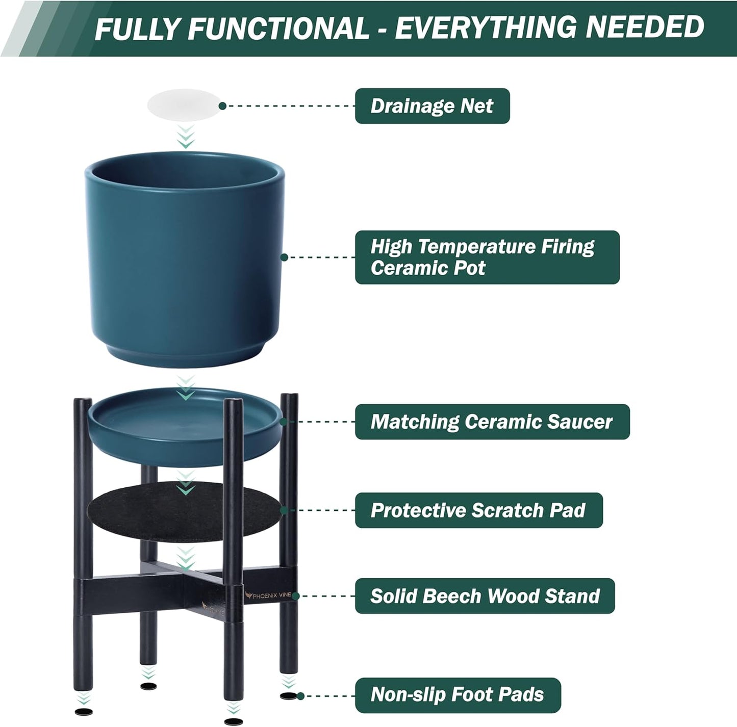 D'vine Dev Ceramic Planter with Ebony Stand - 12 Inch Modern Round Flower Pot with Wood Planter Holder, Teal, 55-B-H-4