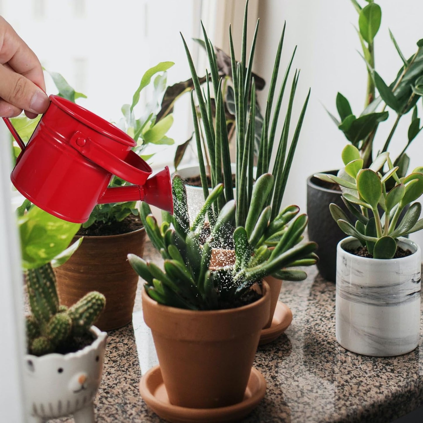 2pcs Kids Metal Watering Can for Indoor Plants, Durable Iron Sprinkling Kettle, Portable Small Water Can for Garden Home Plants, Red and Light Blue, 6.69 x 2.75 x 2.75 Inch